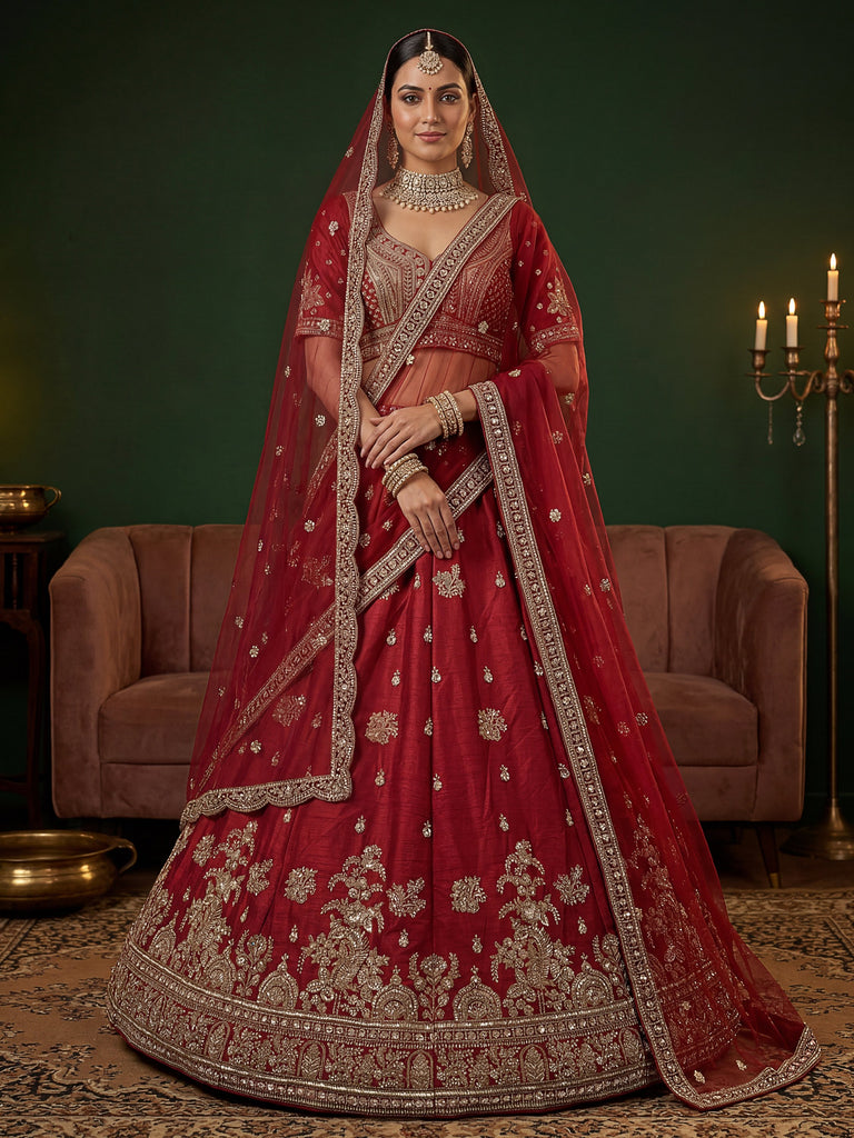 Appealing Red Bead Work Silk Bridal Lehenga Choli With Double Dupatta