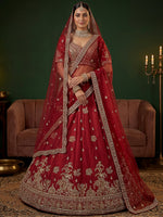 Appealing Red Bead Work Silk Bridal Lehenga Choli With Double Dupatta