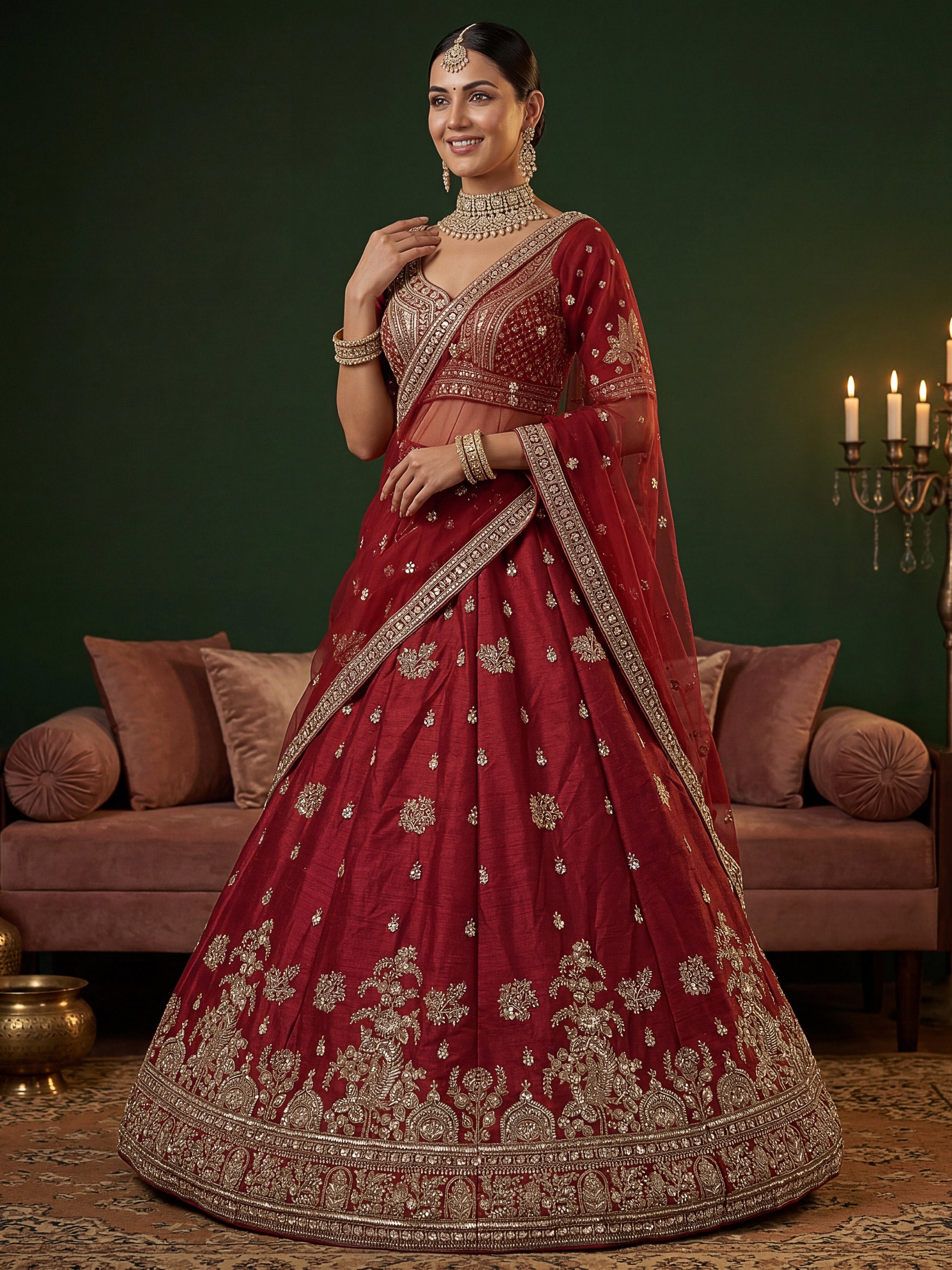 Appealing Red Bead Work Silk Bridal Lehenga Choli With Double Dupatta