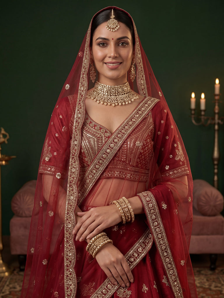 Appealing Red Bead Work Silk Bridal Lehenga Choli With Double Dupatta