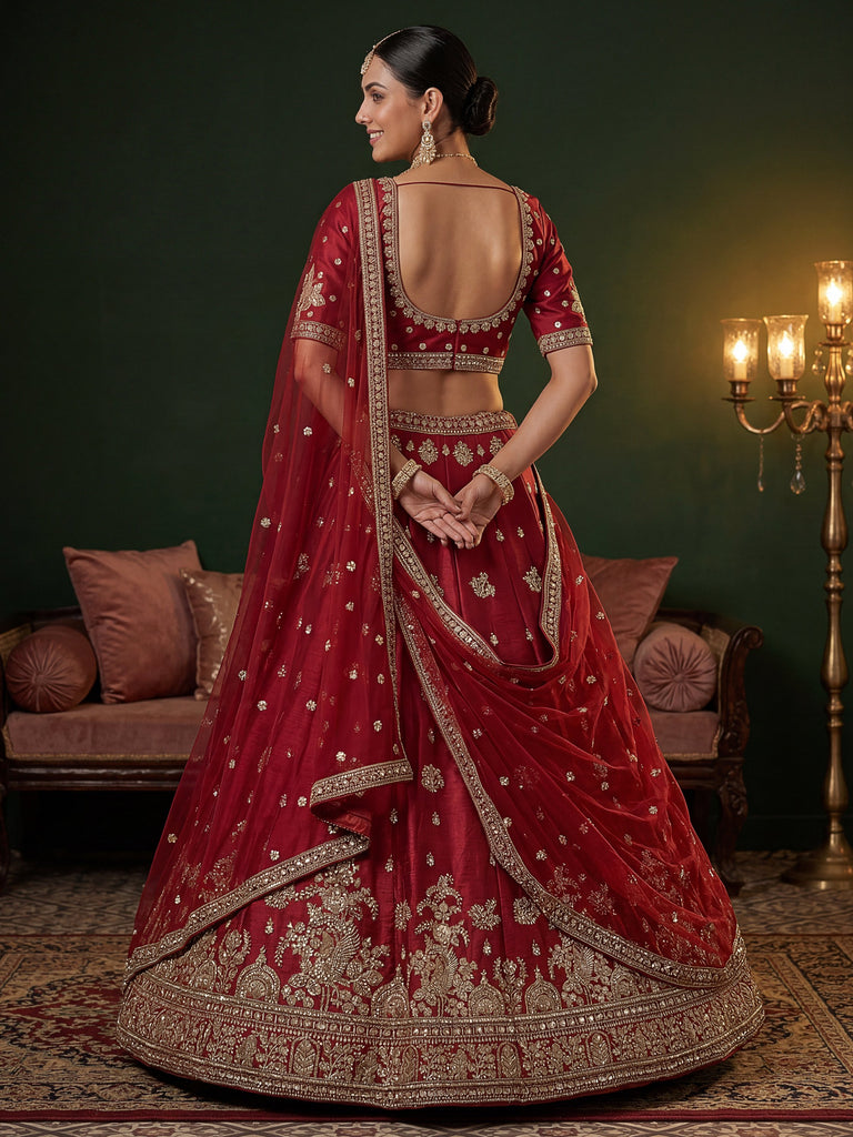 Appealing Red Bead Work Silk Bridal Lehenga Choli With Double Dupatta