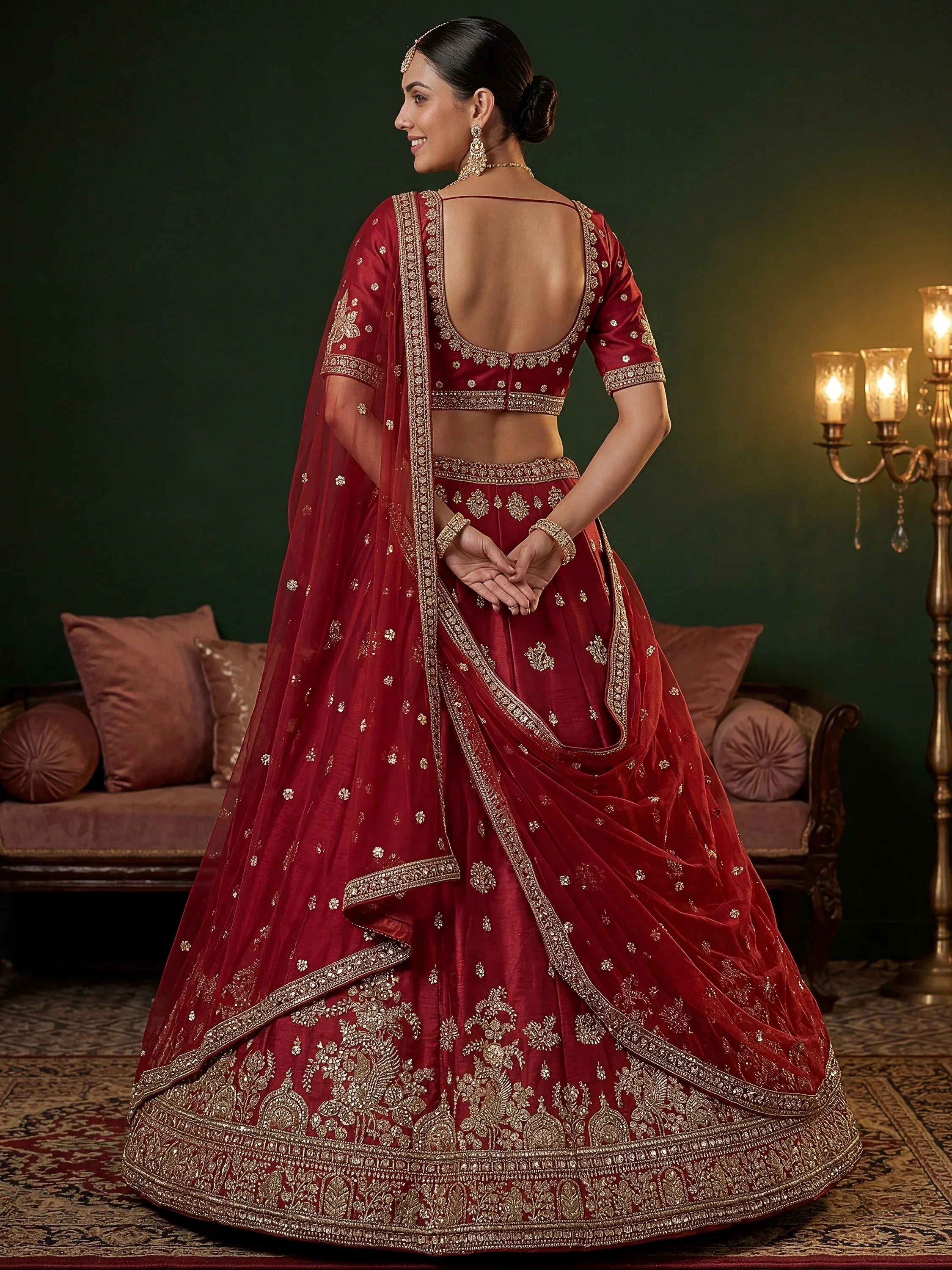 Appealing Red Bead Work Silk Bridal Lehenga Choli With Double Dupatta