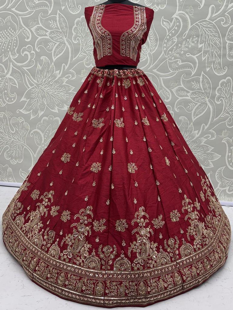 Appealing Red Bead Work Silk Bridal Lehenga Choli With Double Dupatta