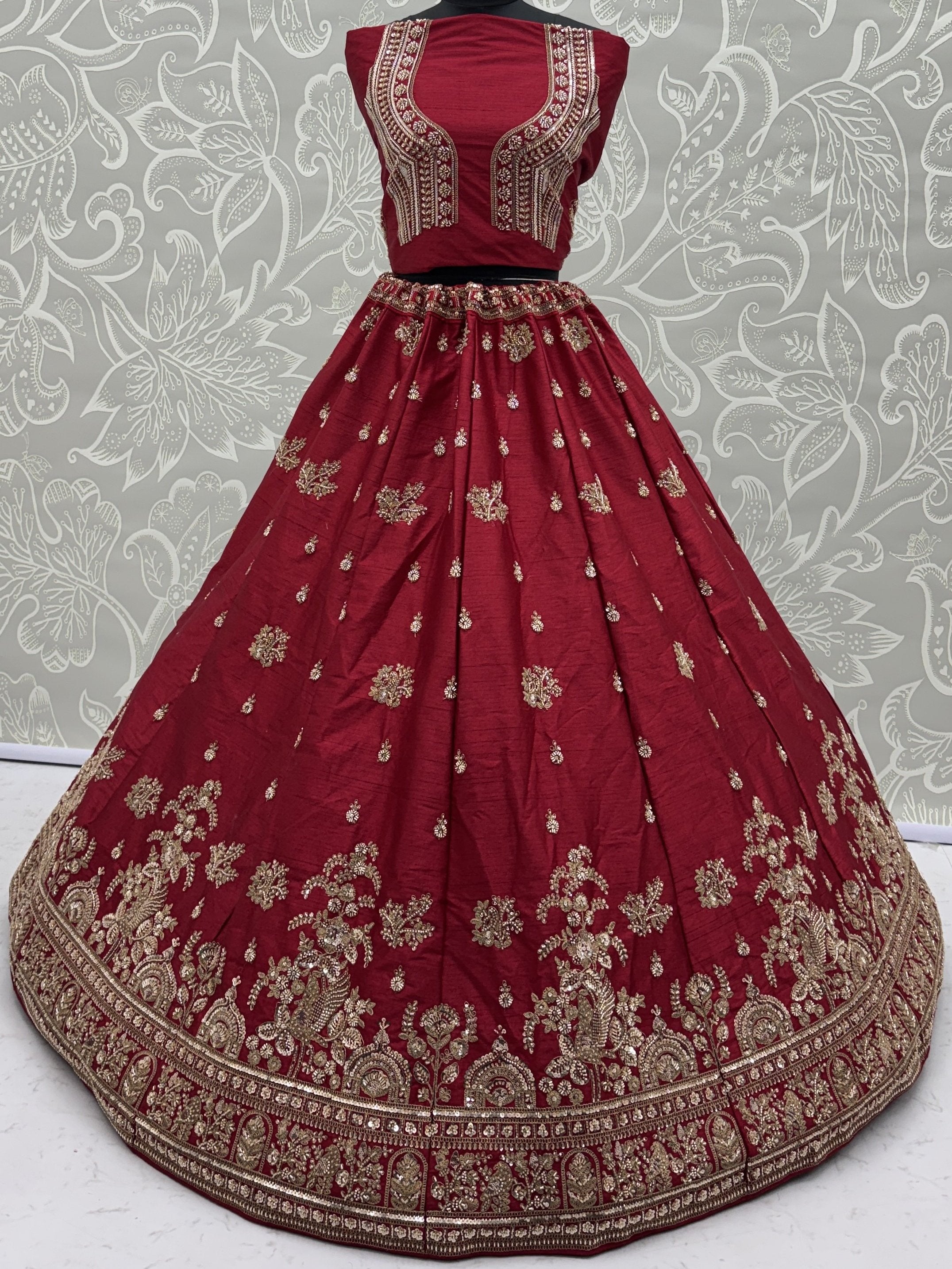 Appealing Red Bead Work Silk Bridal Lehenga Choli With Double Dupatta