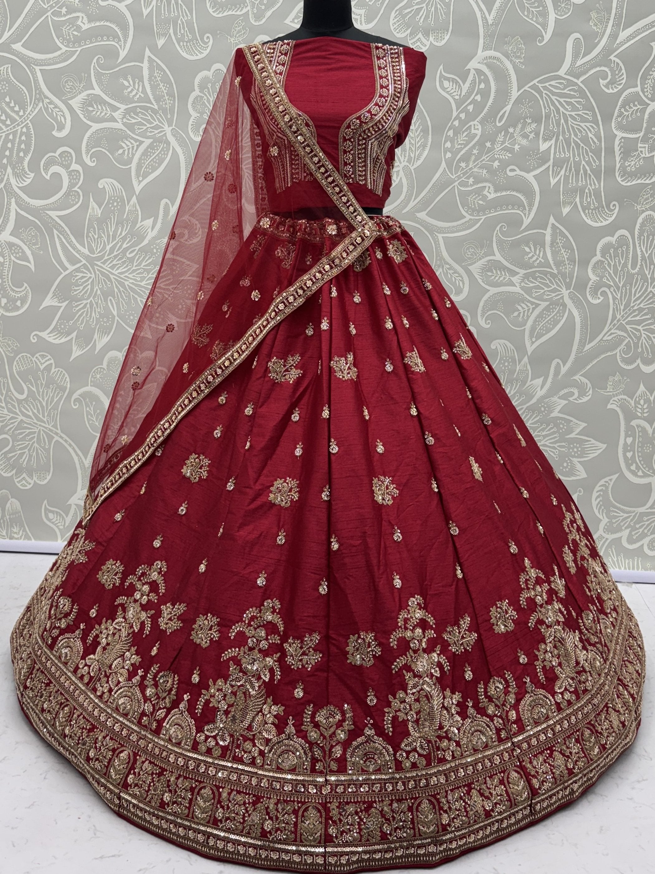 Appealing Red Bead Work Silk Bridal Lehenga Choli With Double Dupatta