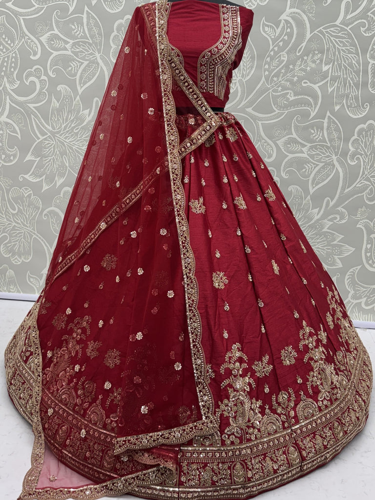 Appealing Red Bead Work Silk Bridal Lehenga Choli With Double Dupatta