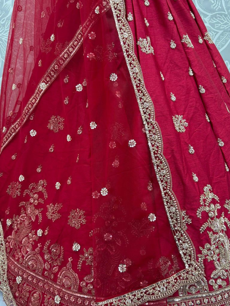 Appealing Red Bead Work Silk Bridal Lehenga Choli With Double Dupatta