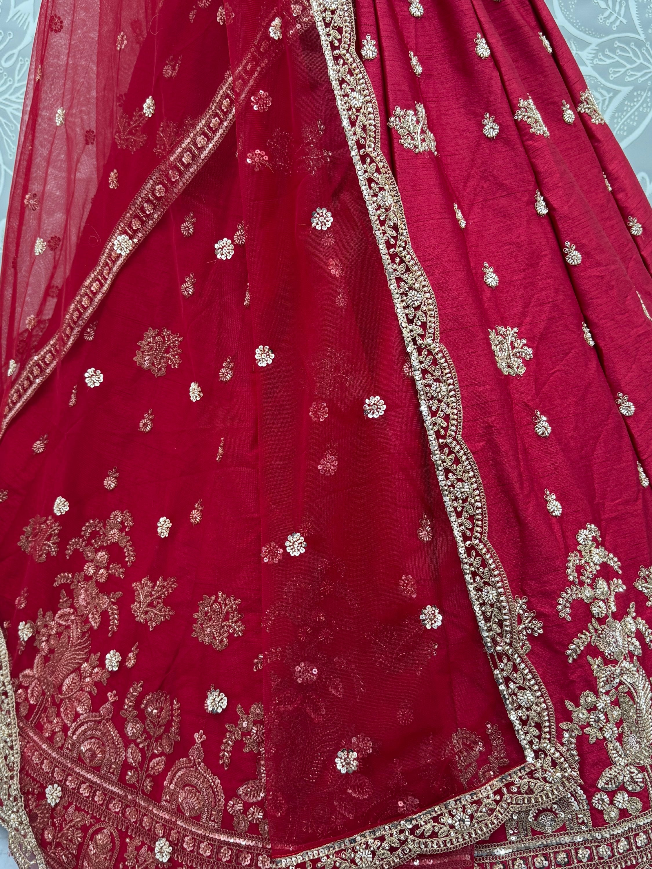 Appealing Red Bead Work Silk Bridal Lehenga Choli With Double Dupatta