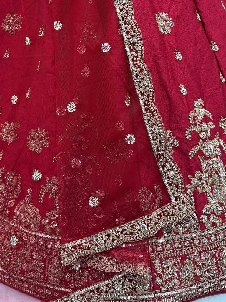 Appealing Red Bead Work Silk Bridal Lehenga Choli With Double Dupatta