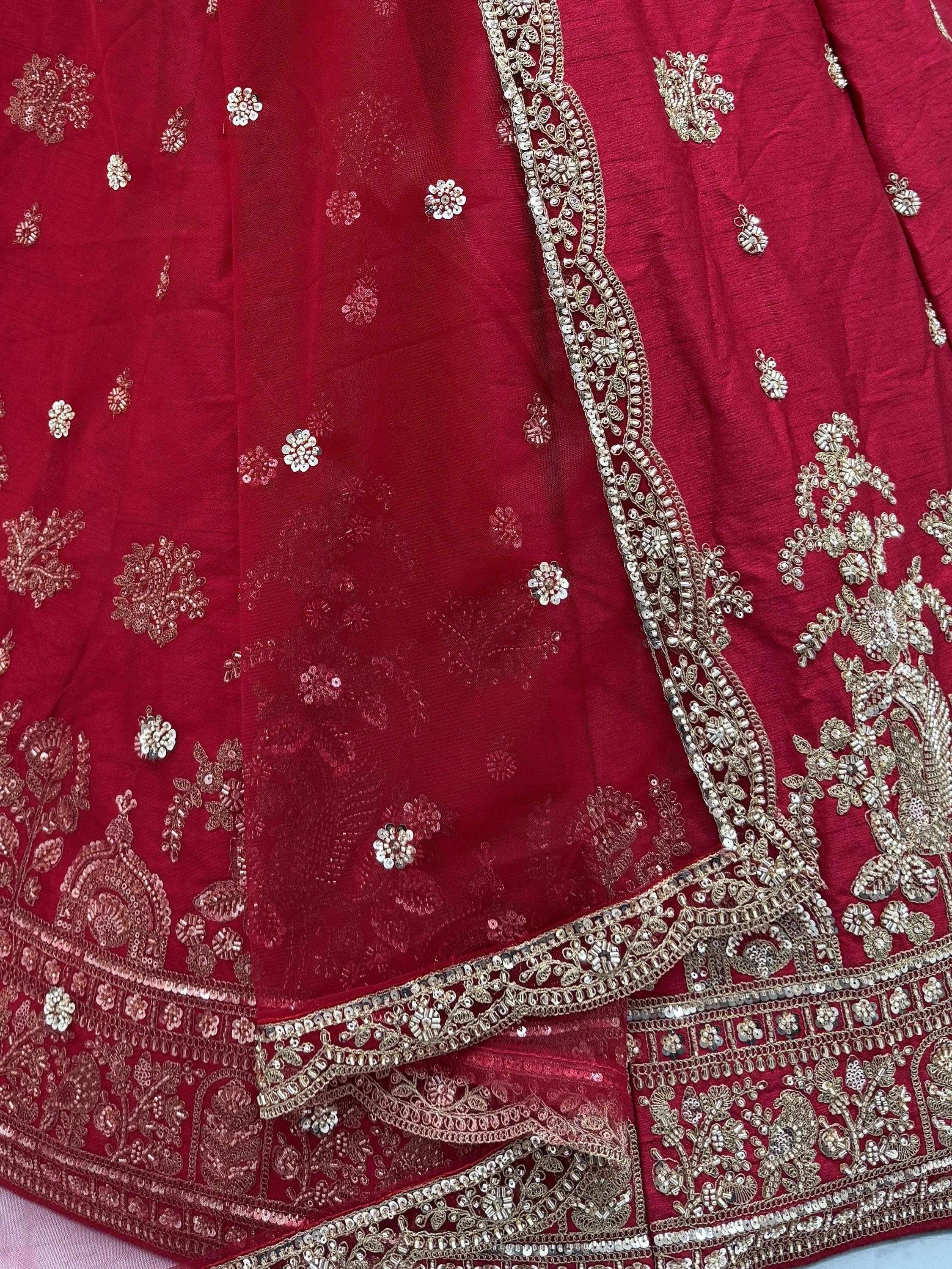 Appealing Red Bead Work Silk Bridal Lehenga Choli With Double Dupatta