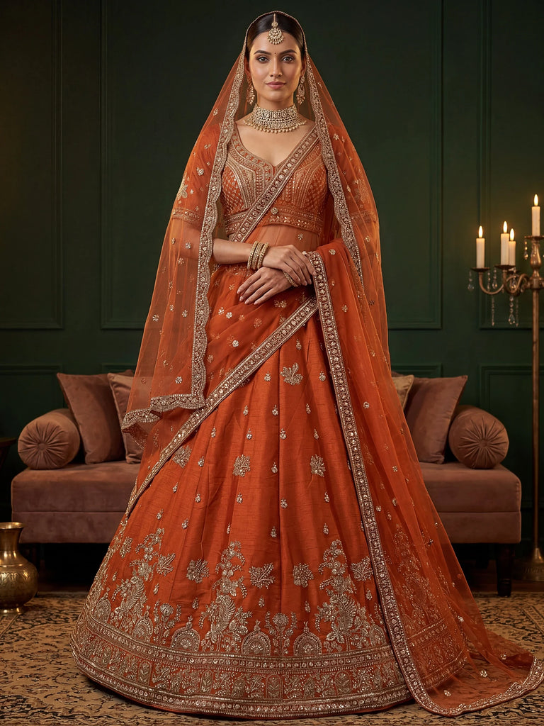 Royal Orange Dori Work Silk Bridal Lehenga Choli With Double Dupatta
