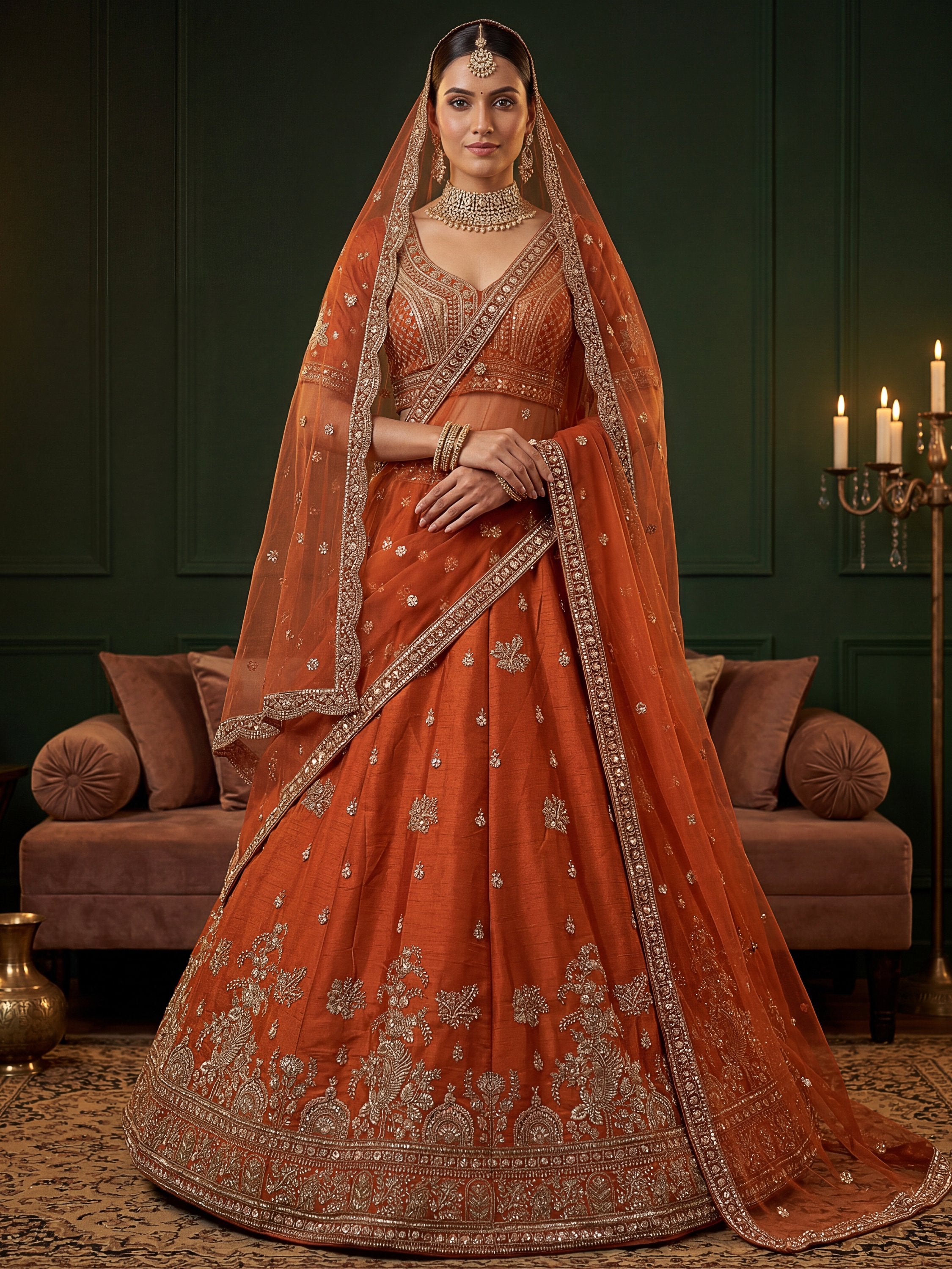 Tantalizing Orange Dori Work Silk Bridal Lehenga Choli With Double Dupatta