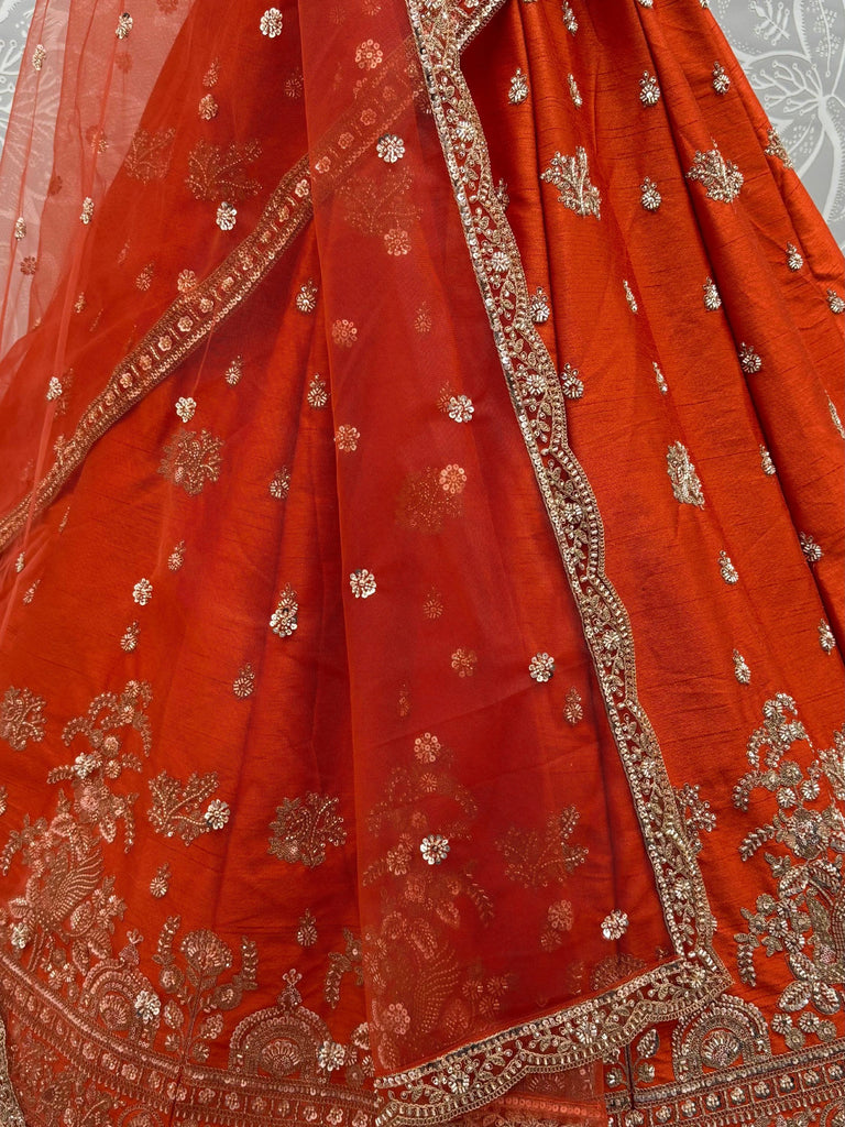 Royal Orange Dori Work Silk Bridal Lehenga Choli With Double Dupatta