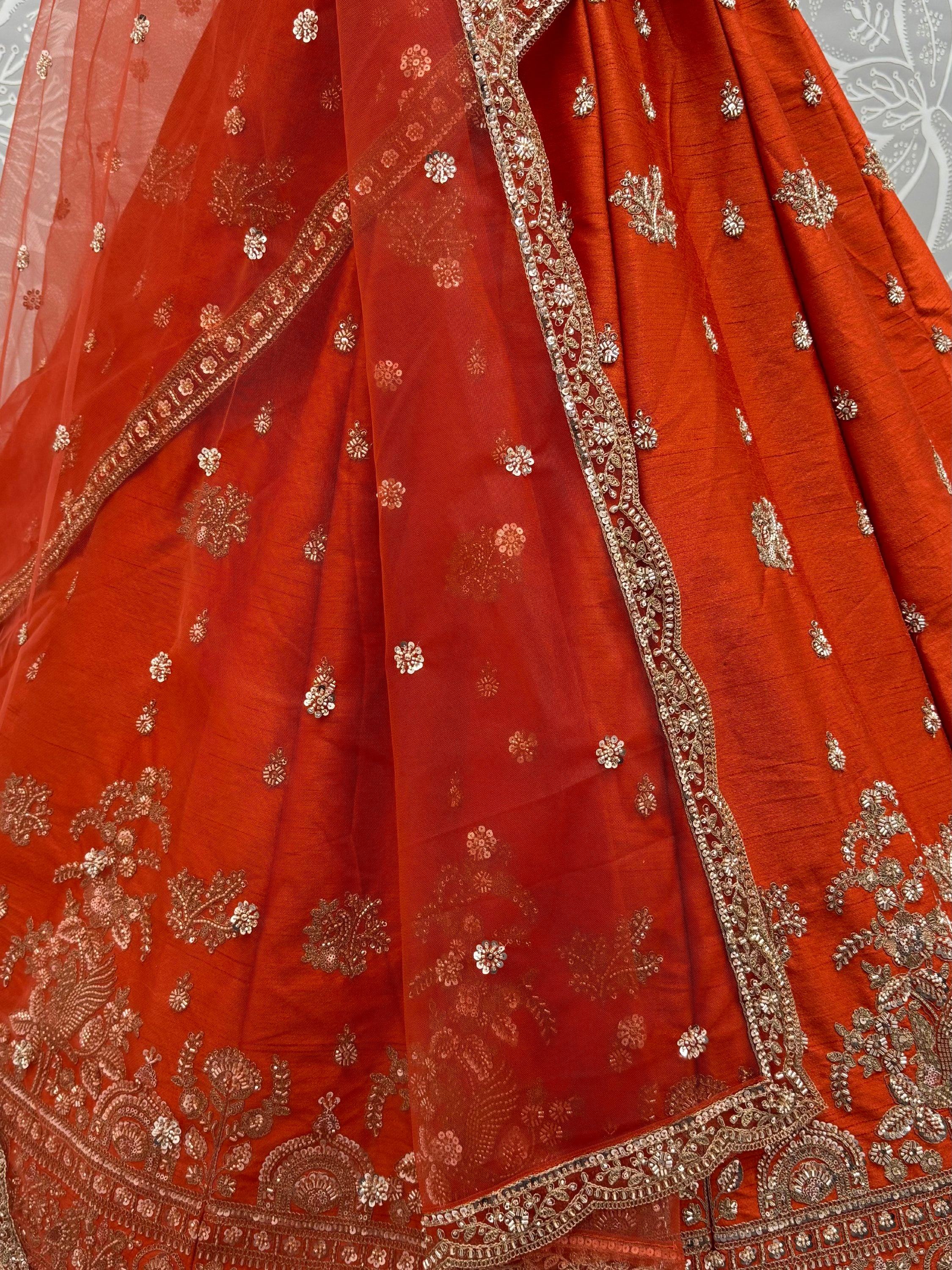 Royal Orange Dori Work Silk Bridal Lehenga Choli With Double Dupatta
