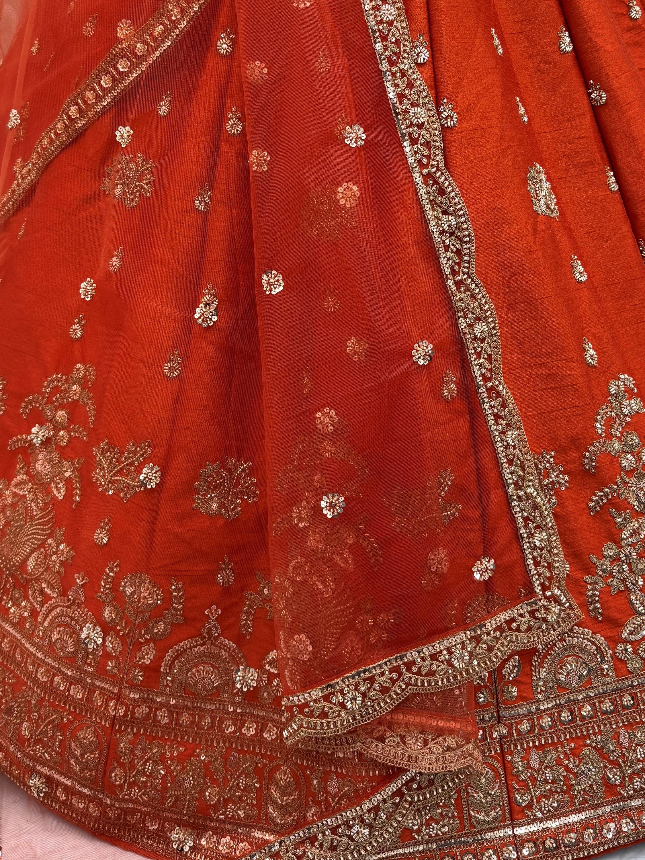 Royal Orange Dori Work Silk Bridal Lehenga Choli With Double Dupatta