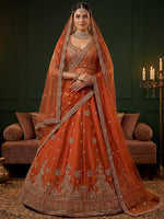 Royal Orange Dori Work Silk Bridal Lehenga Choli With Double Dupatta