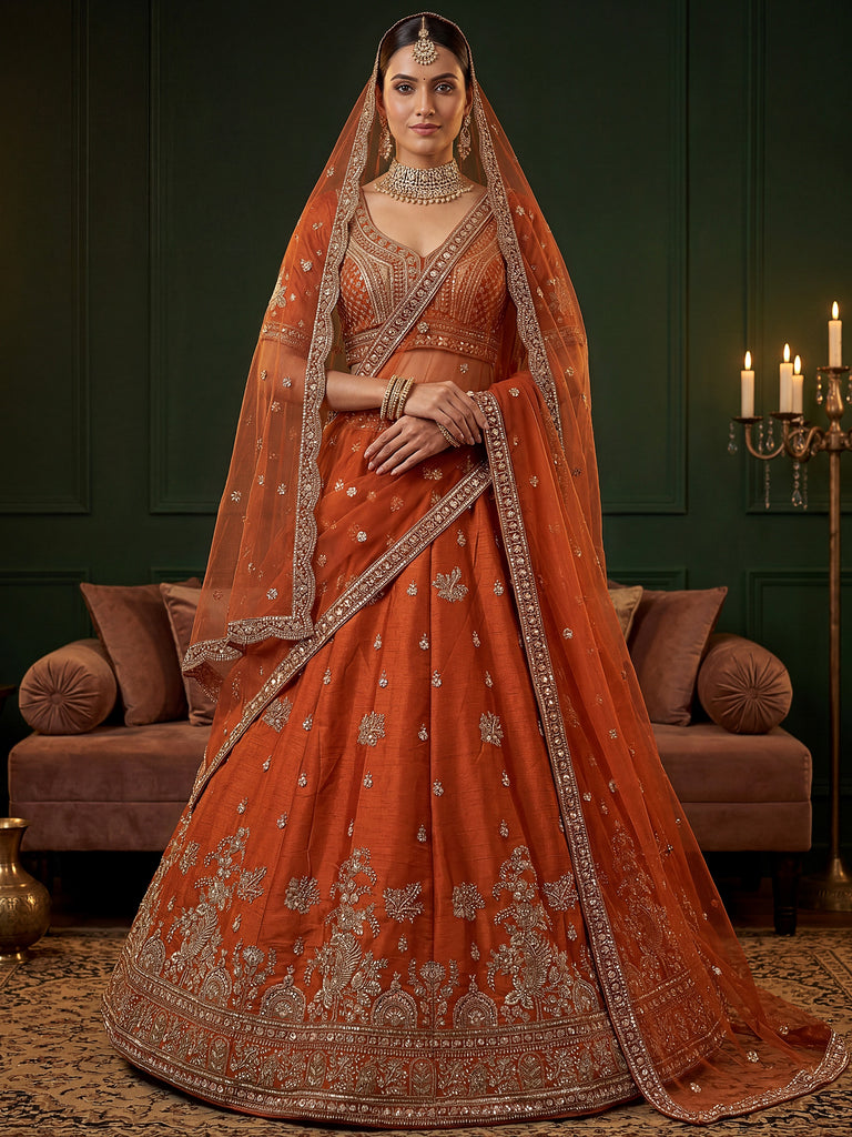 Royal Orange Dori Work Silk Bridal Lehenga Choli With Double Dupatta