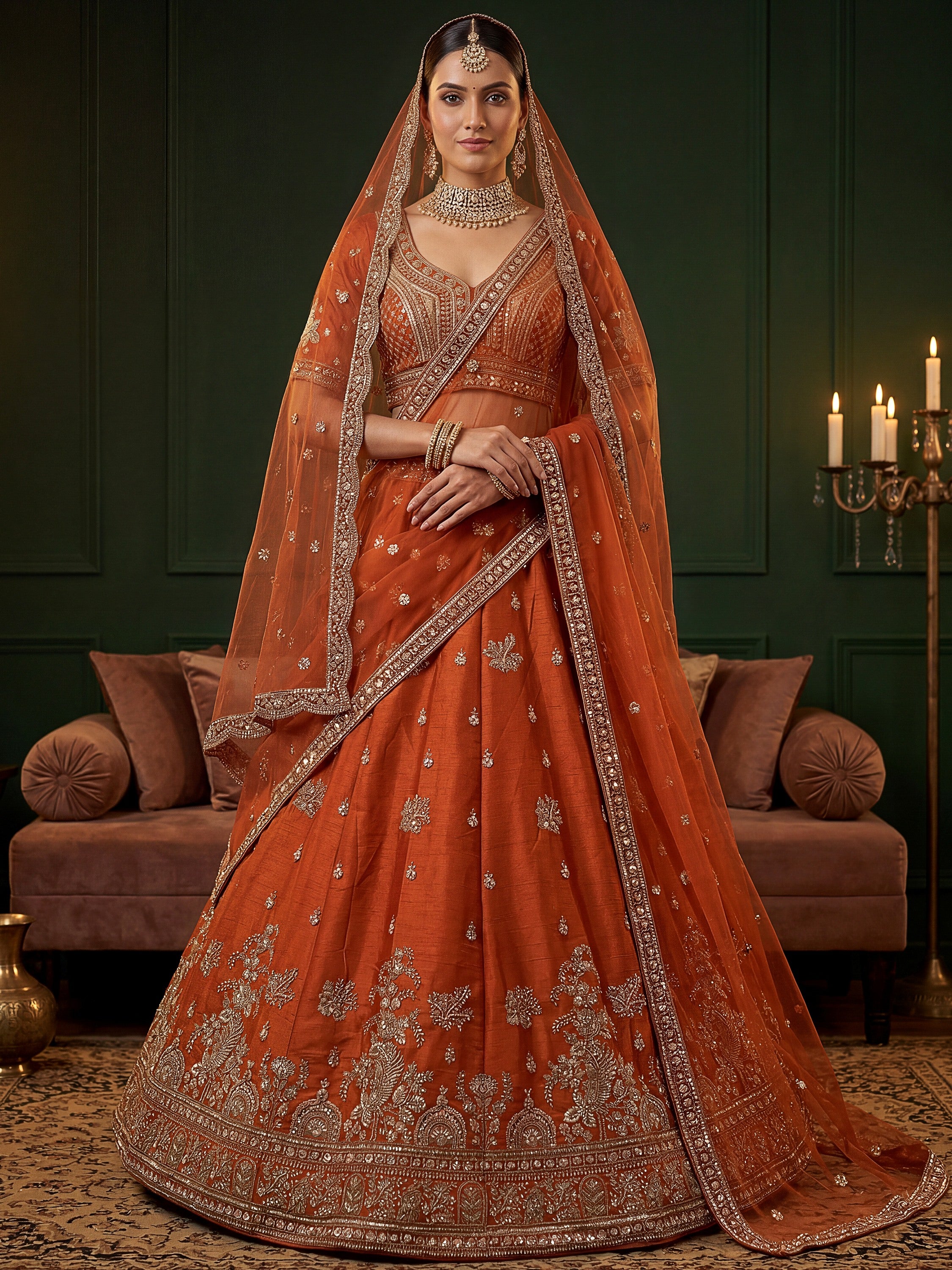 Royal Orange Dori Work Silk Bridal Lehenga Choli With Double Dupatta