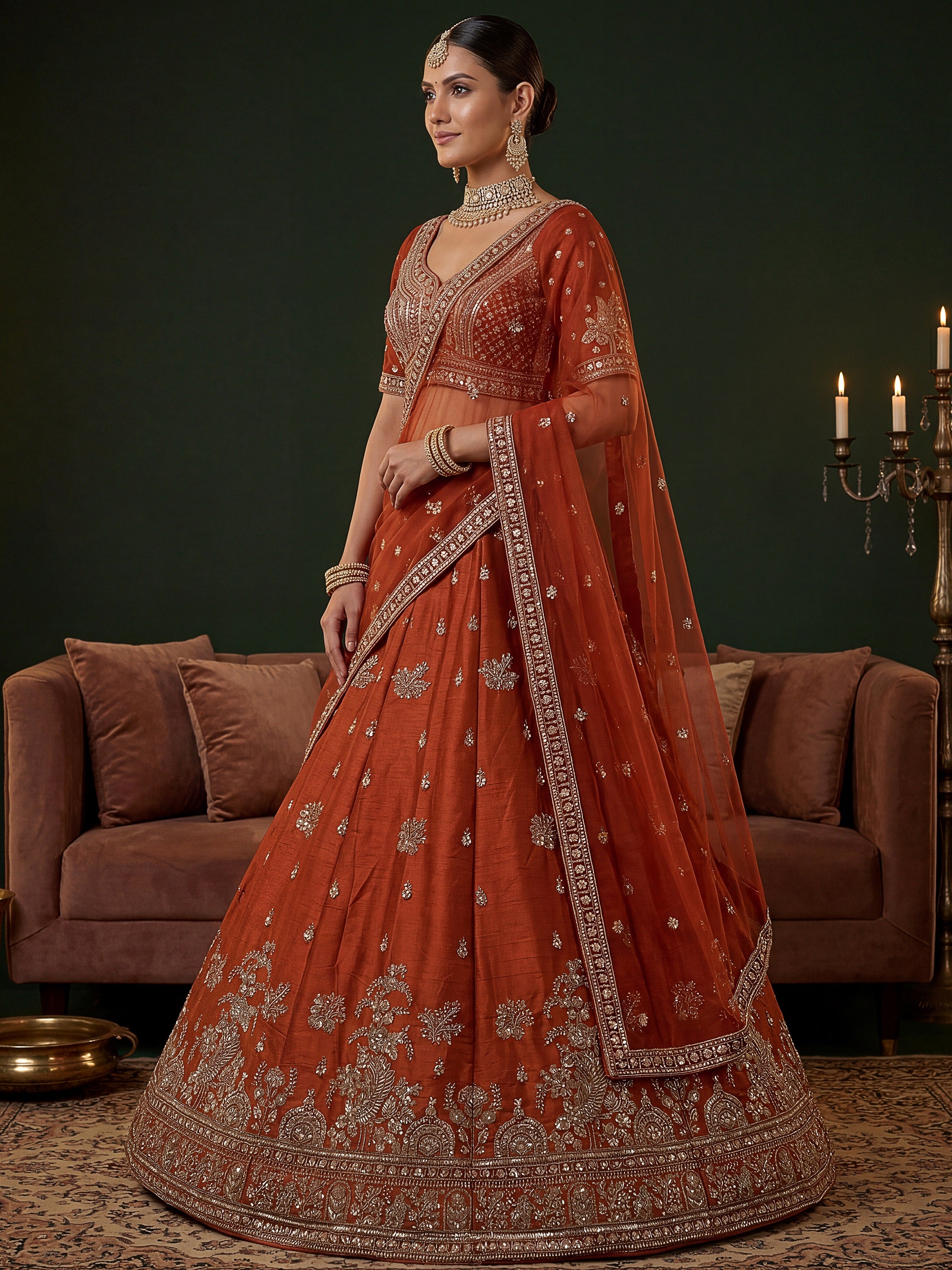Royal Orange Dori Work Silk Bridal Lehenga Choli With Double Dupatta