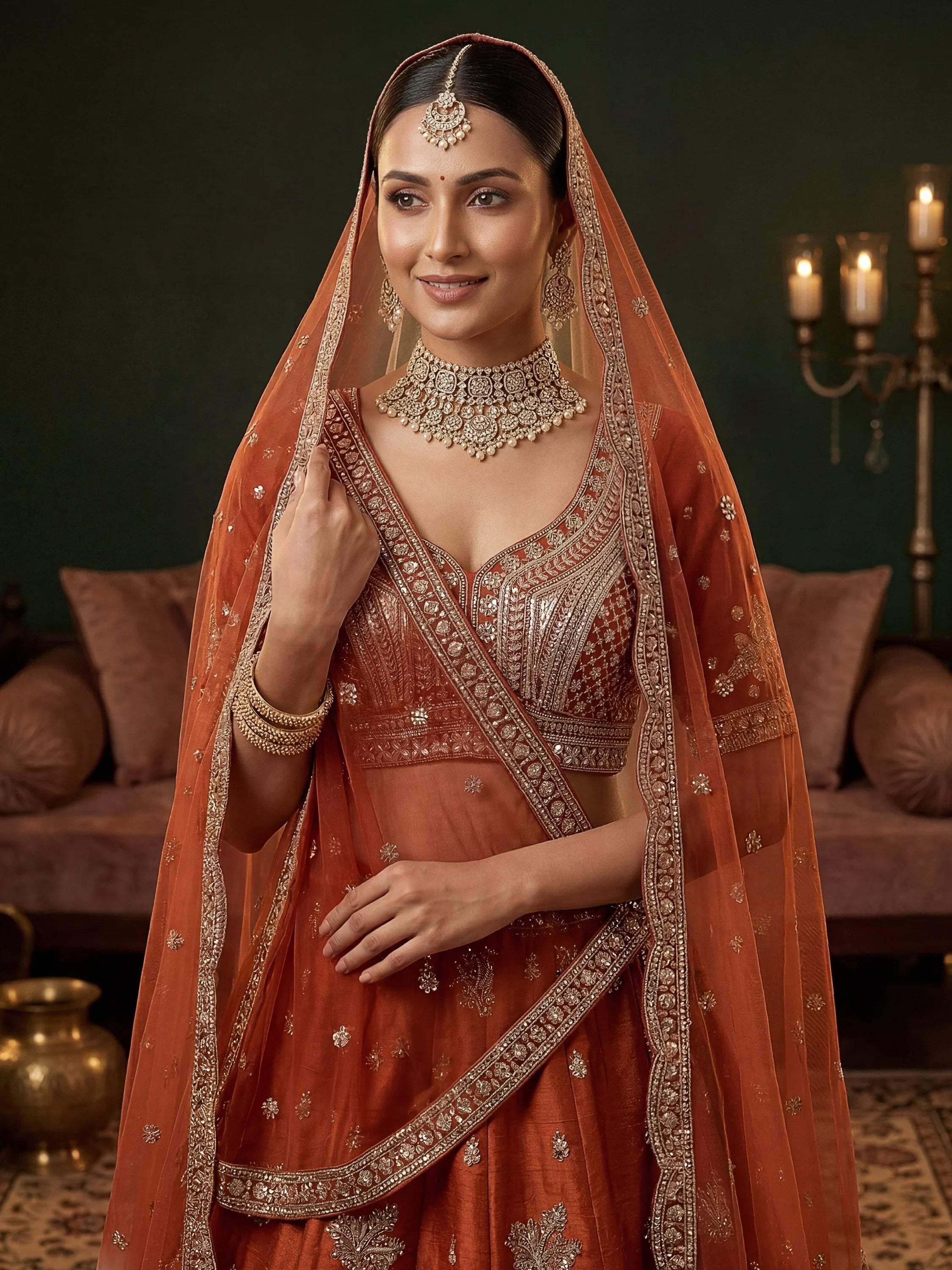 Royal Orange Dori Work Silk Bridal Lehenga Choli With Double Dupatta