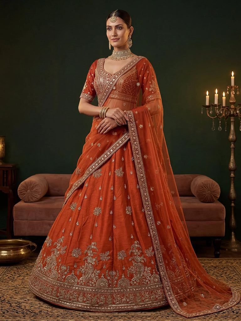 Royal Orange Dori Work Silk Bridal Lehenga Choli With Double Dupatta