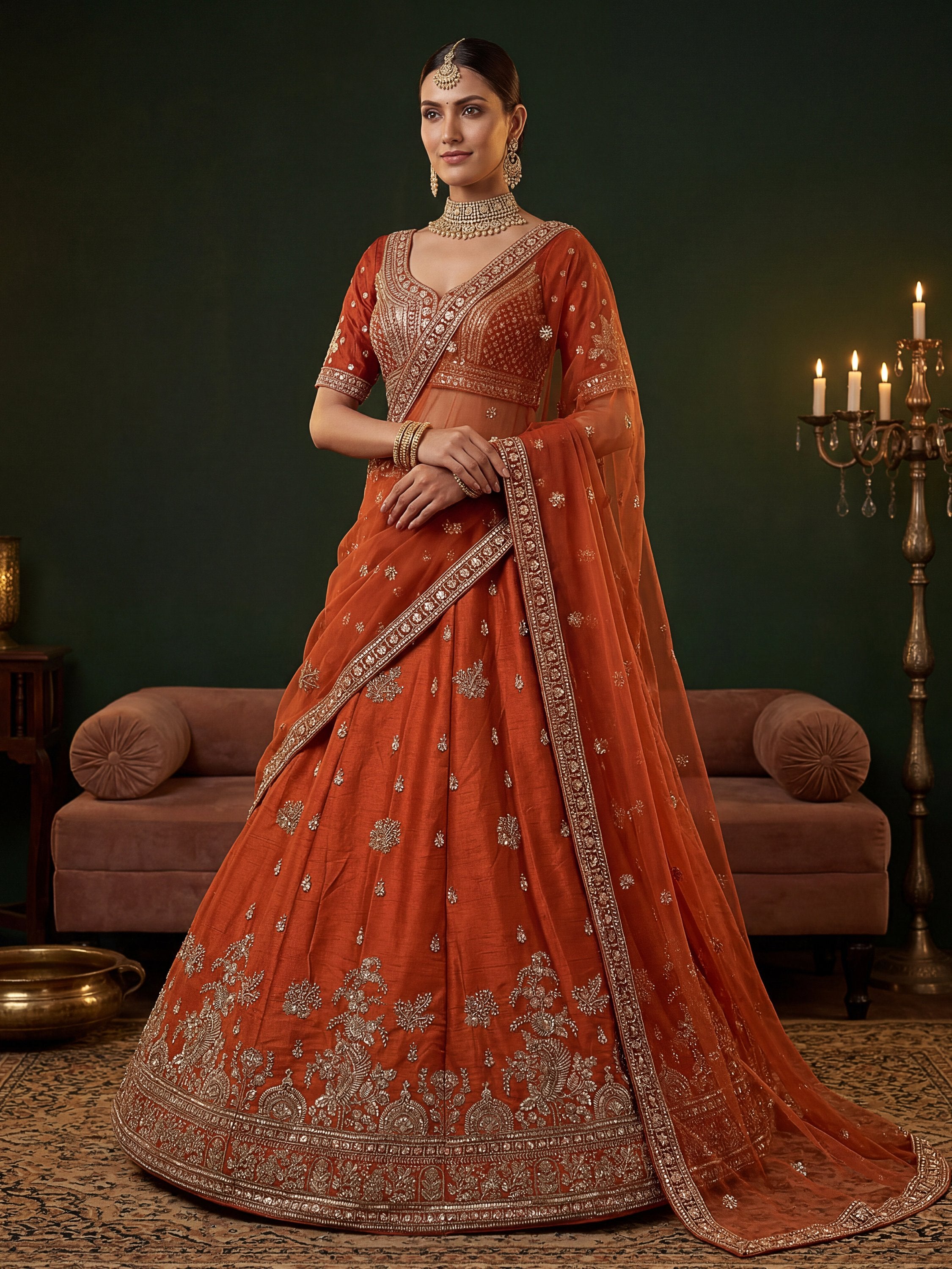 Tantalizing Orange Dori Work Silk Bridal Lehenga Choli With Double Dupatta