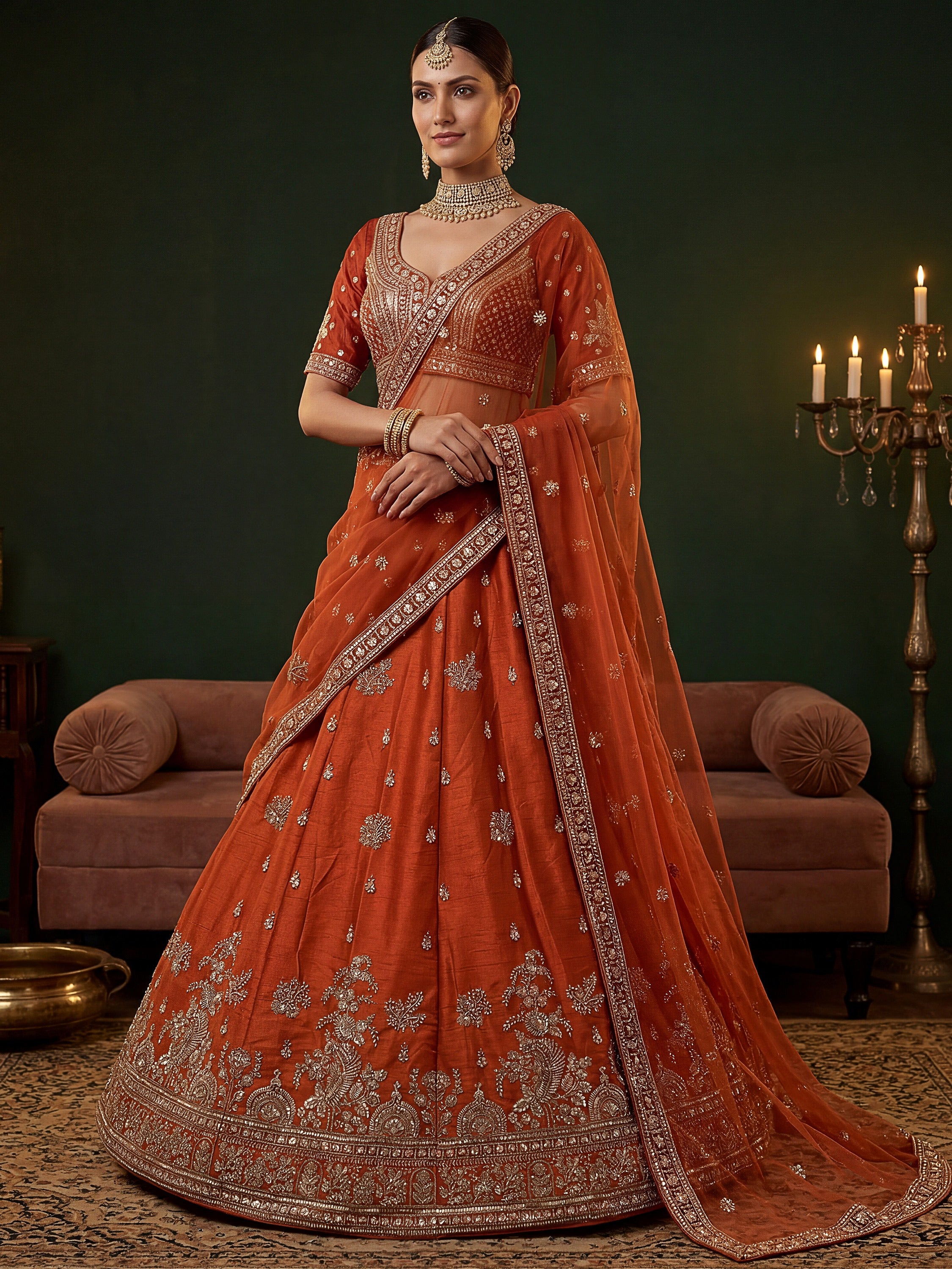 Royal Orange Dori Work Silk Bridal Lehenga Choli With Double Dupatta