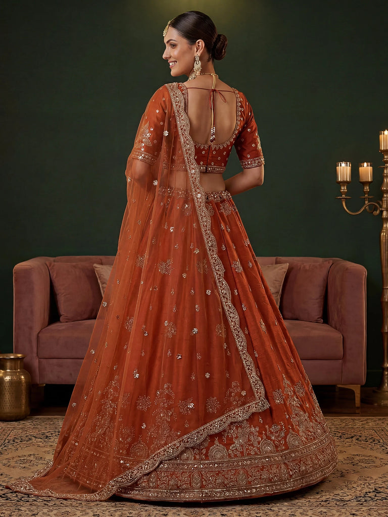 Royal Orange Dori Work Silk Bridal Lehenga Choli With Double Dupatta