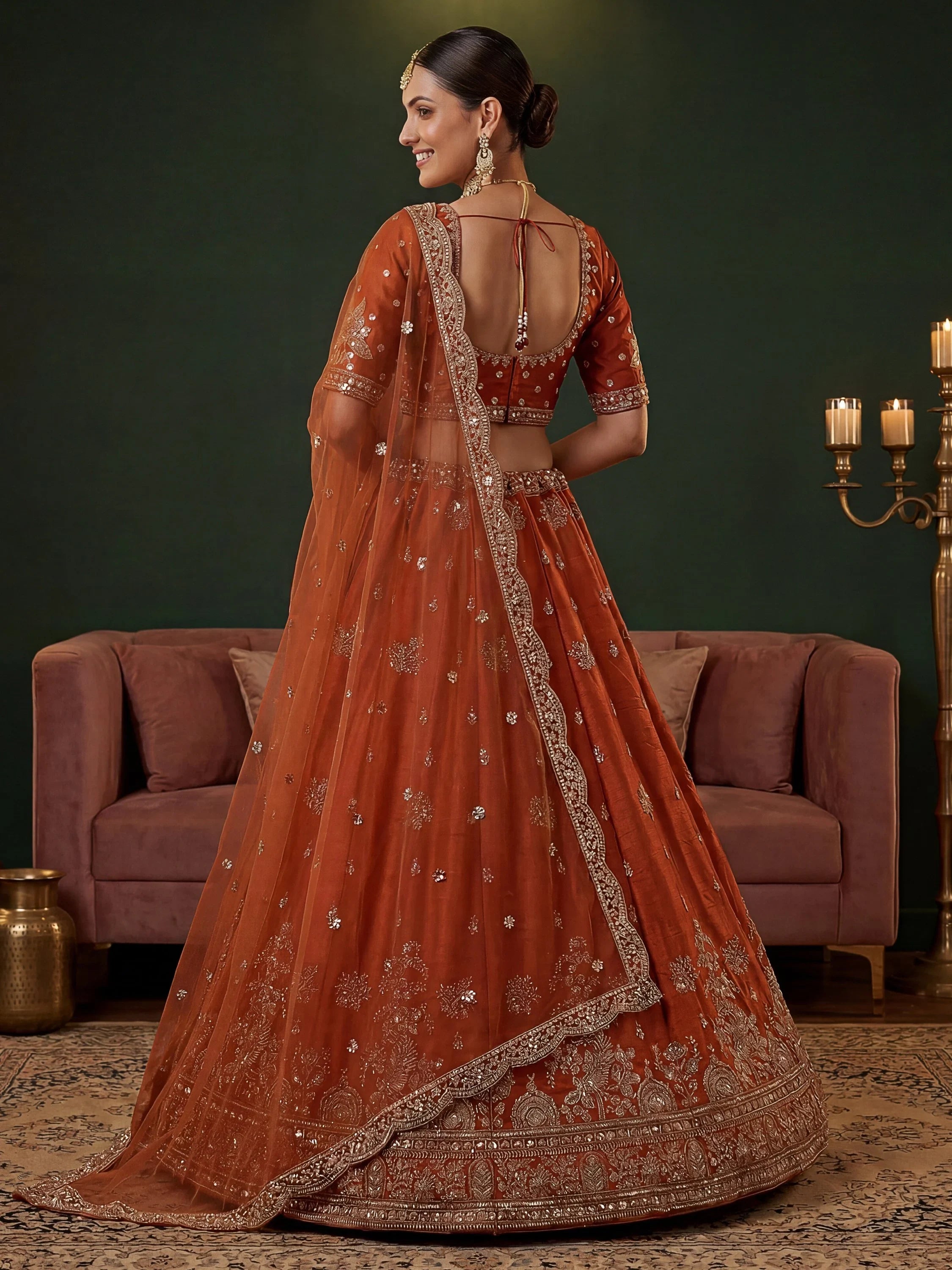 Royal Orange Dori Work Silk Bridal Lehenga Choli With Double Dupatta