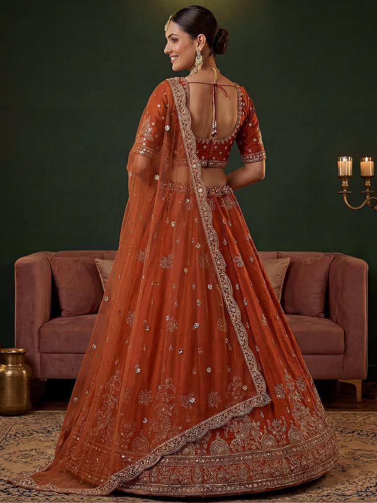 Royal Orange Dori Work Silk Bridal Lehenga Choli With Double Dupatta