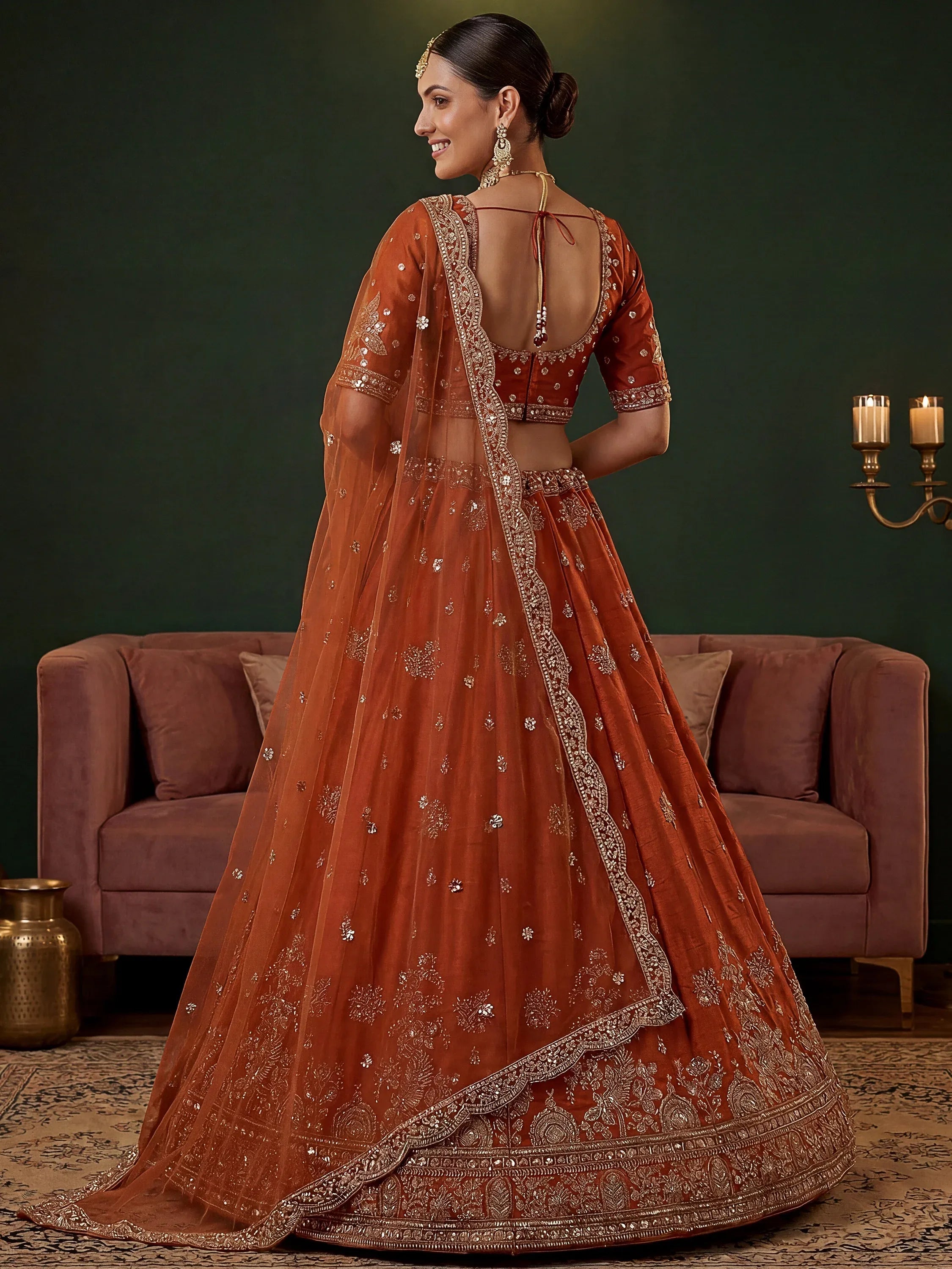 Royal Orange Dori Work Silk Bridal Lehenga Choli With Double Dupatta