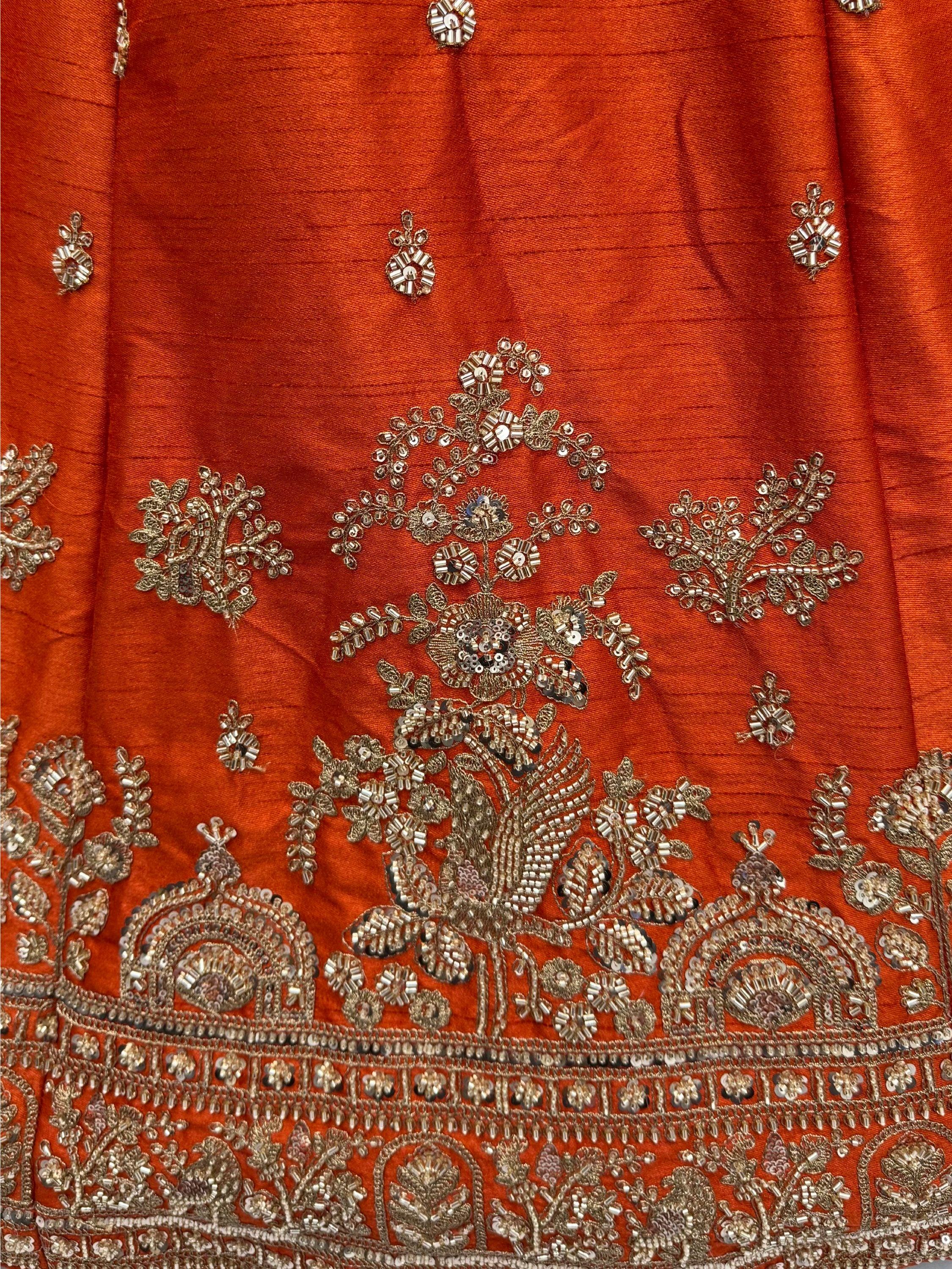 Royal Orange Dori Work Silk Bridal Lehenga Choli With Double Dupatta
