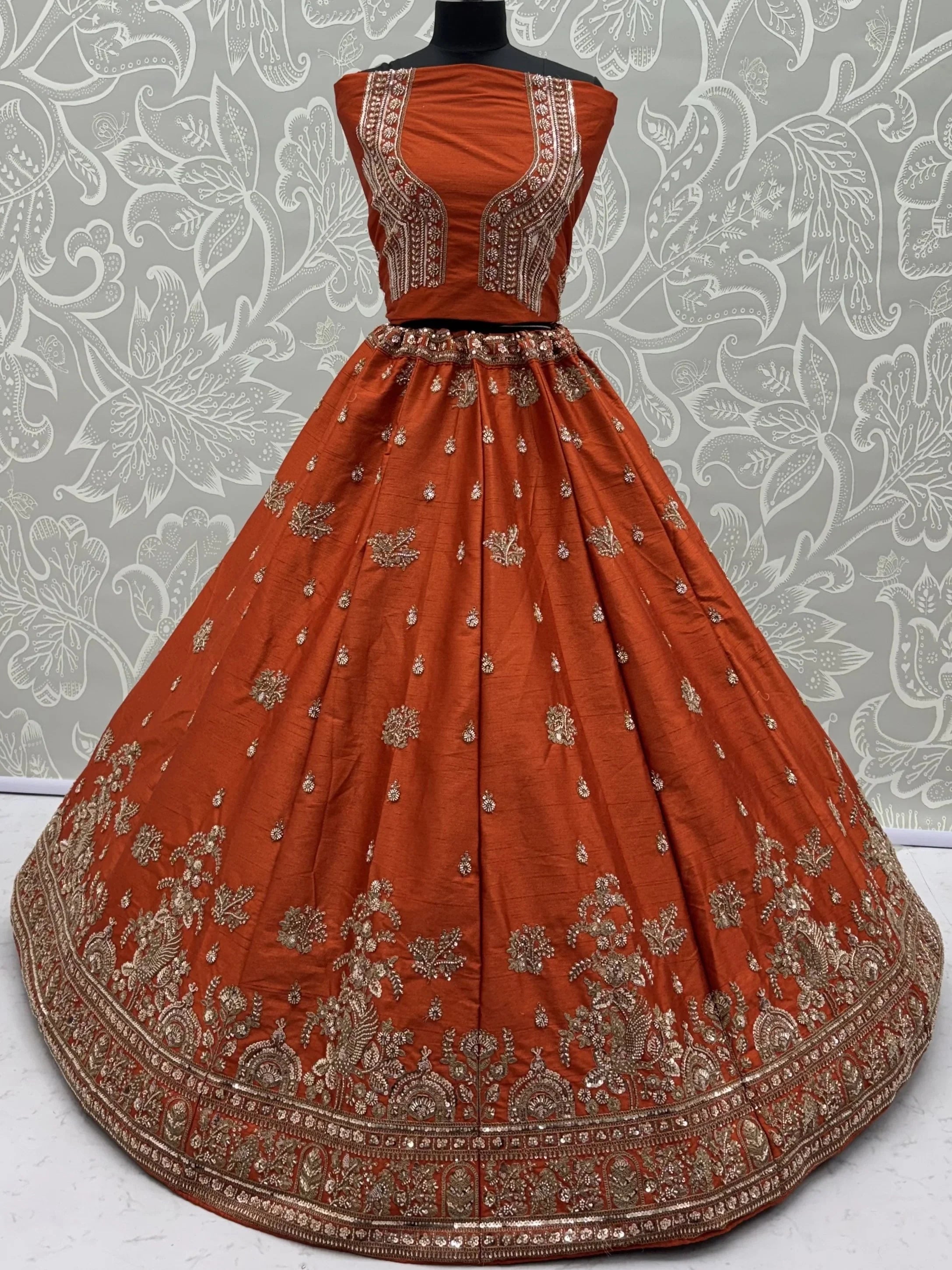 Royal Orange Dori Work Silk Bridal Lehenga Choli With Double Dupatta