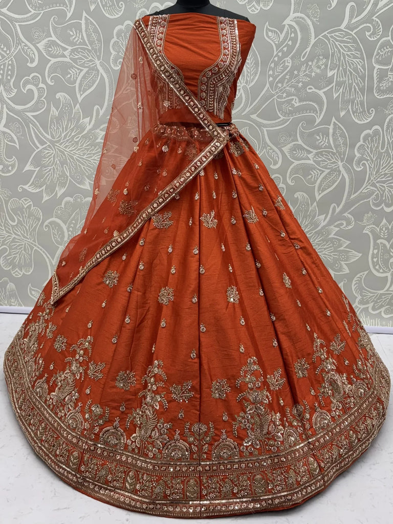 Royal Orange Dori Work Silk Bridal Lehenga Choli With Double Dupatta