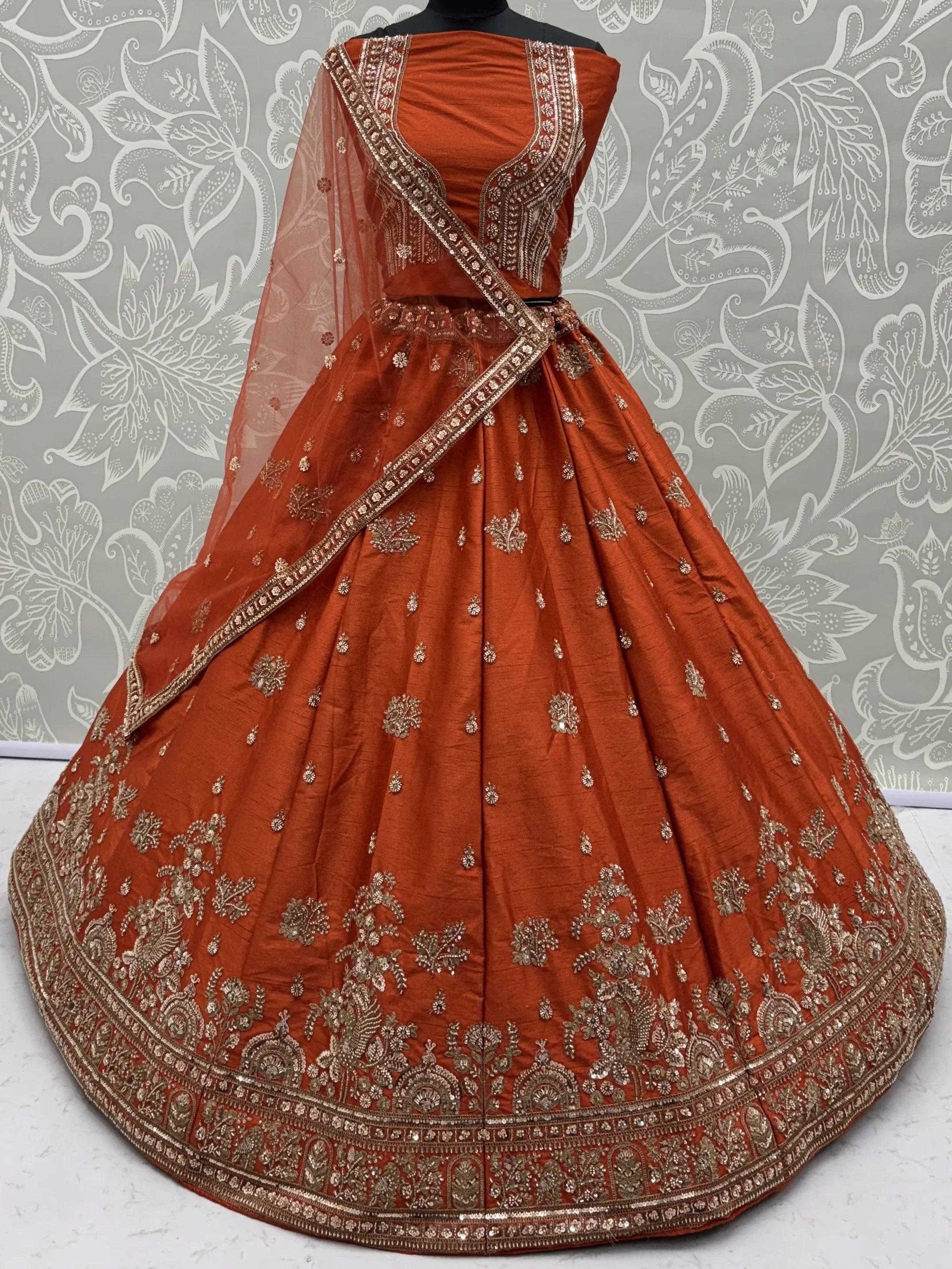 Royal Orange Dori Work Silk Bridal Lehenga Choli With Double Dupatta