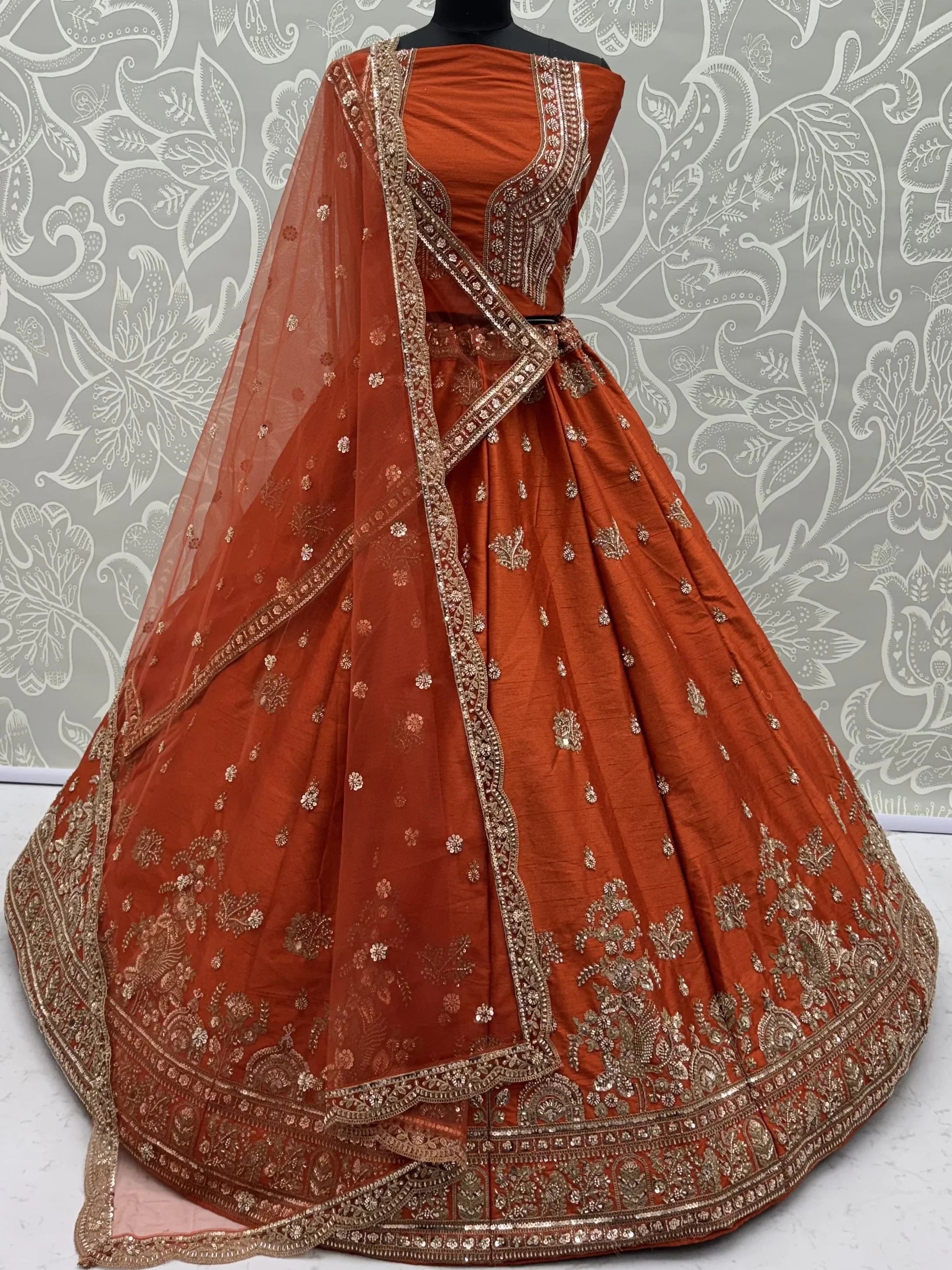 Royal Orange Dori Work Silk Bridal Lehenga Choli With Double Dupatta