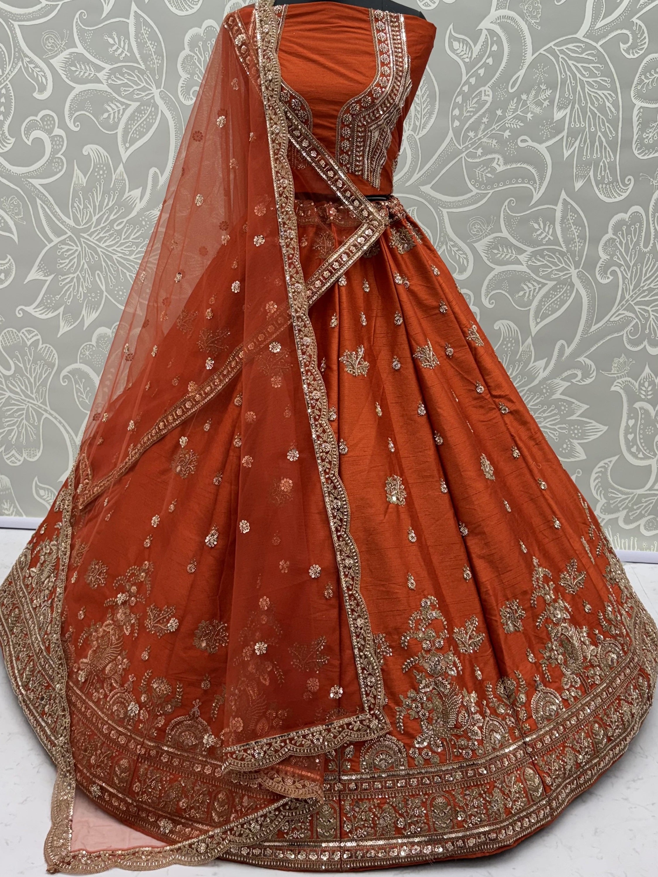 Royal Orange Dori Work Silk Bridal Lehenga Choli With Double Dupatta