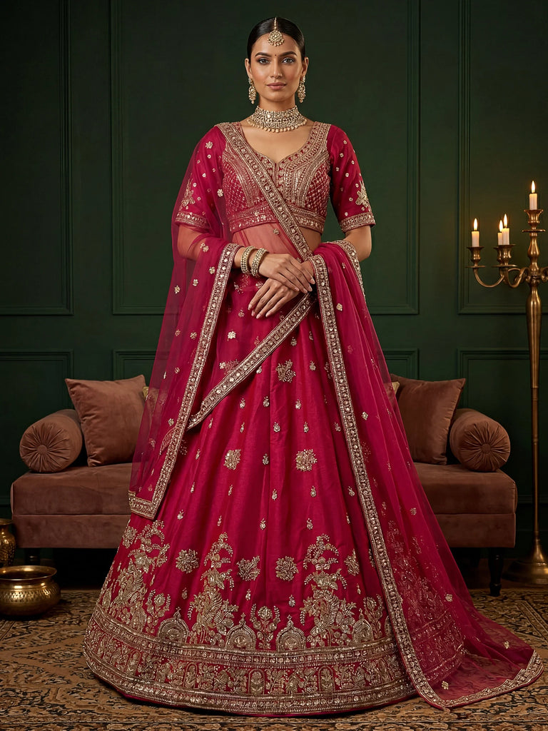 Alluring Rani Pink Zari Embroidered Silk Bridal Lehenga Choli With Double Dupatta