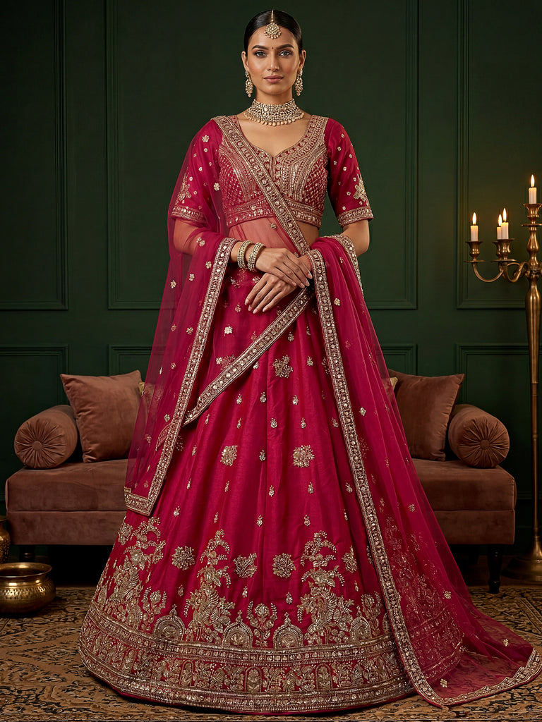 Alluring Rani Pink Silk Bridal Lehenga Choli With Double Dupatta