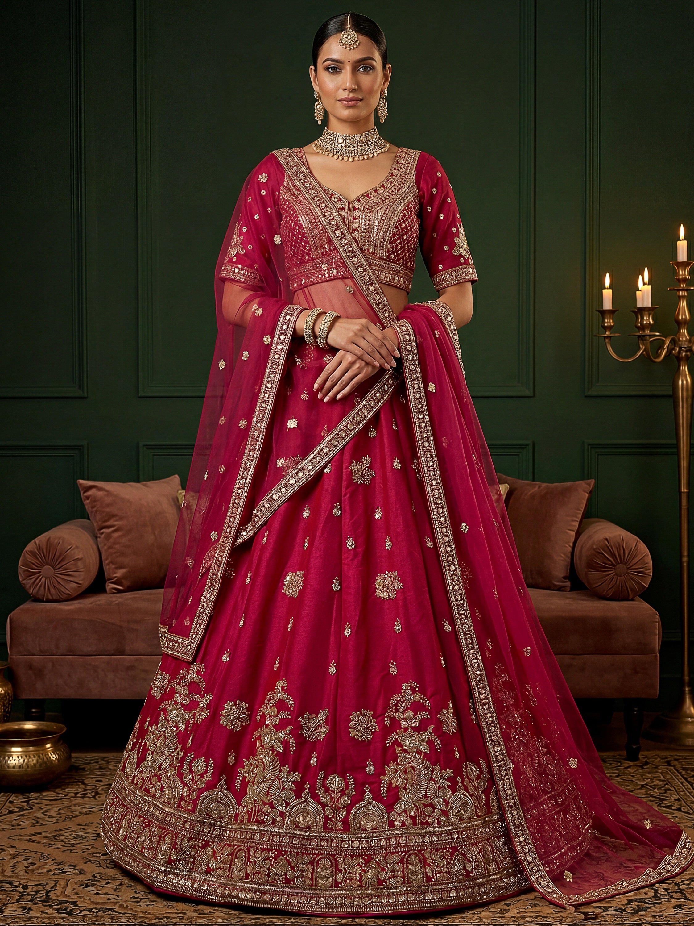 Alluring Rani Pink Silk Bridal Lehenga Choli With Double Dupatta