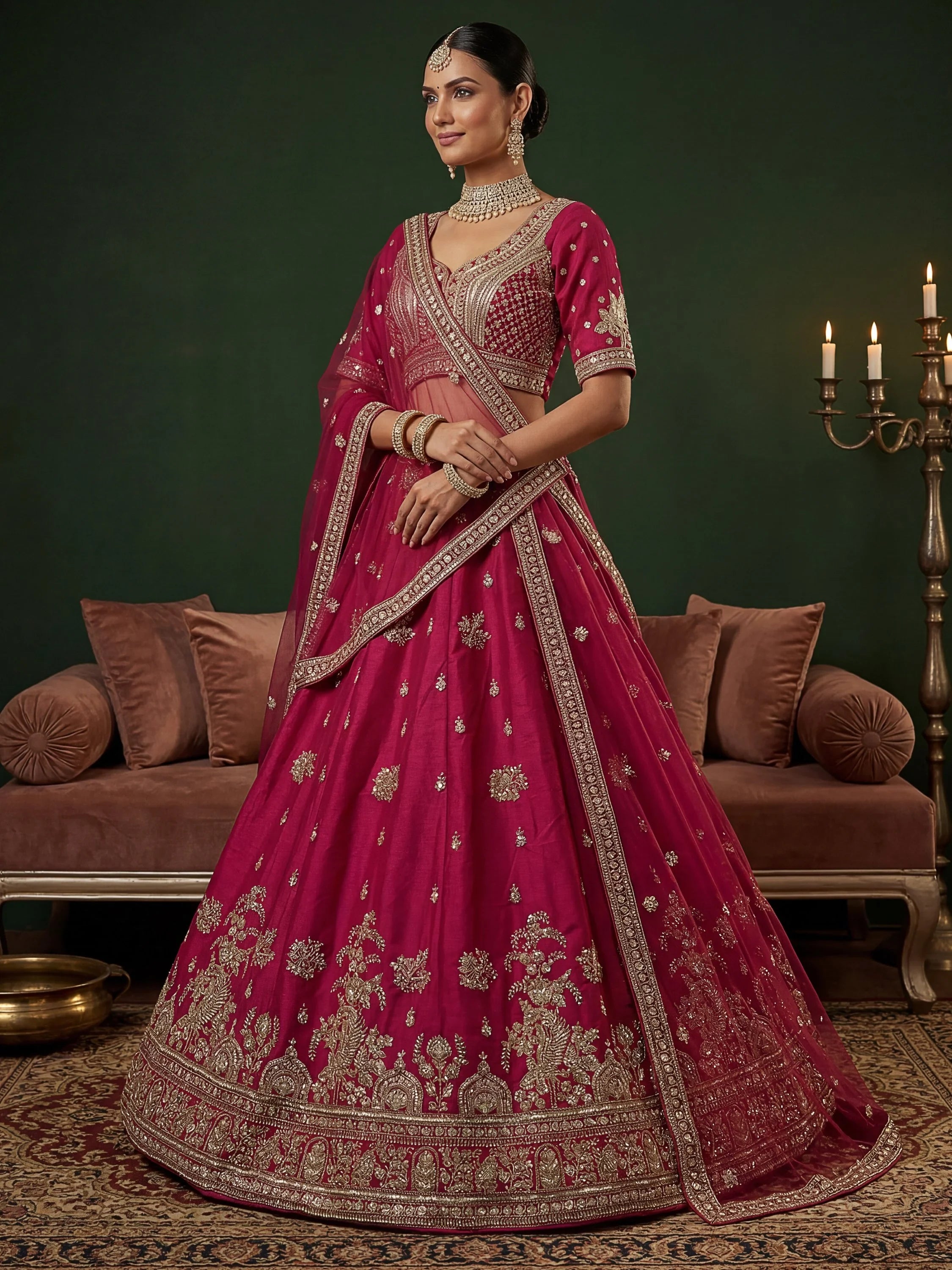 Alluring Rani Pink Zari Embroidered Silk Bridal Lehenga Choli With Double Dupatta