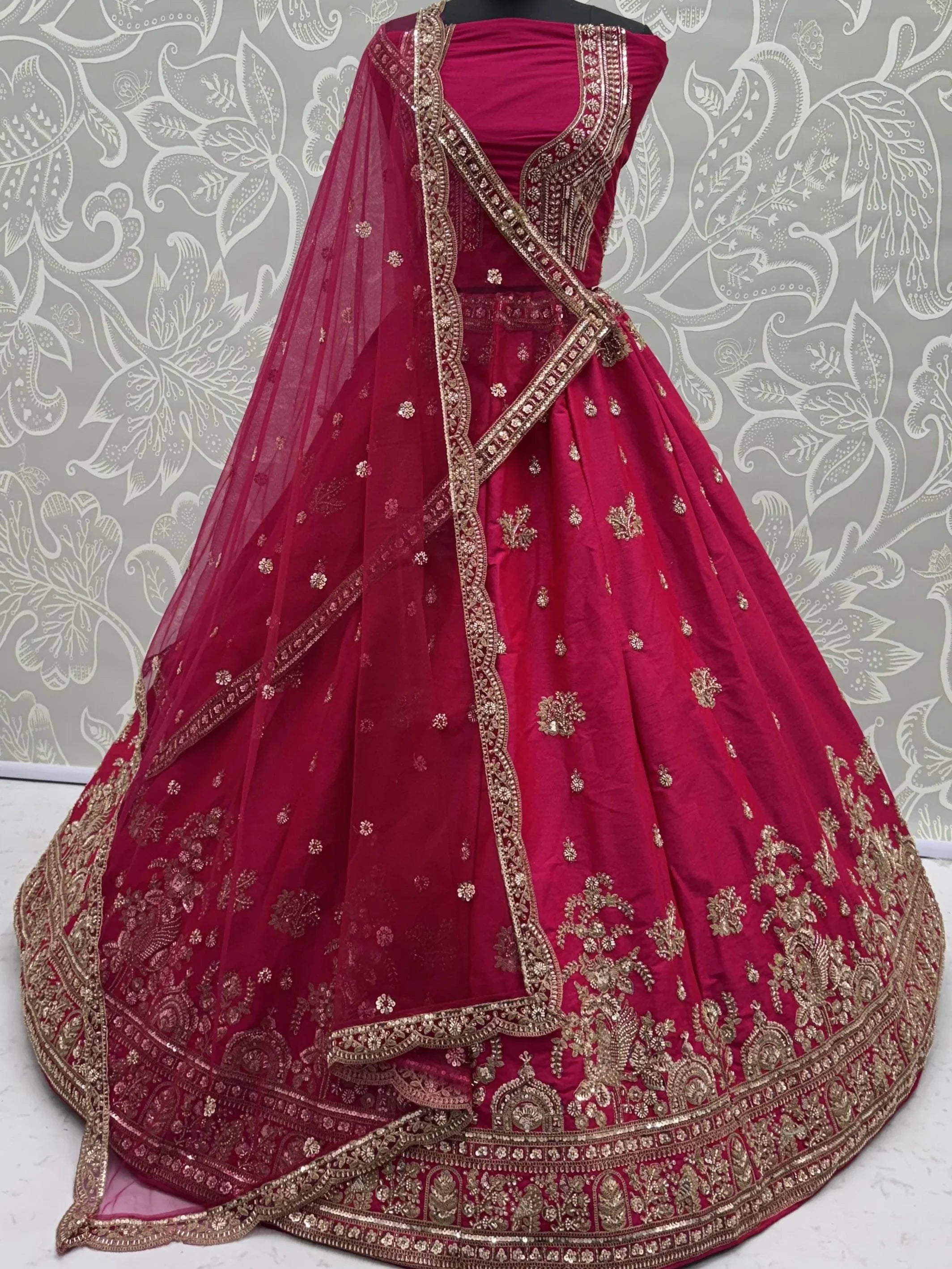 Alluring Rani Pink Zari Embroidered Silk Bridal Lehenga Choli With Double Dupatta