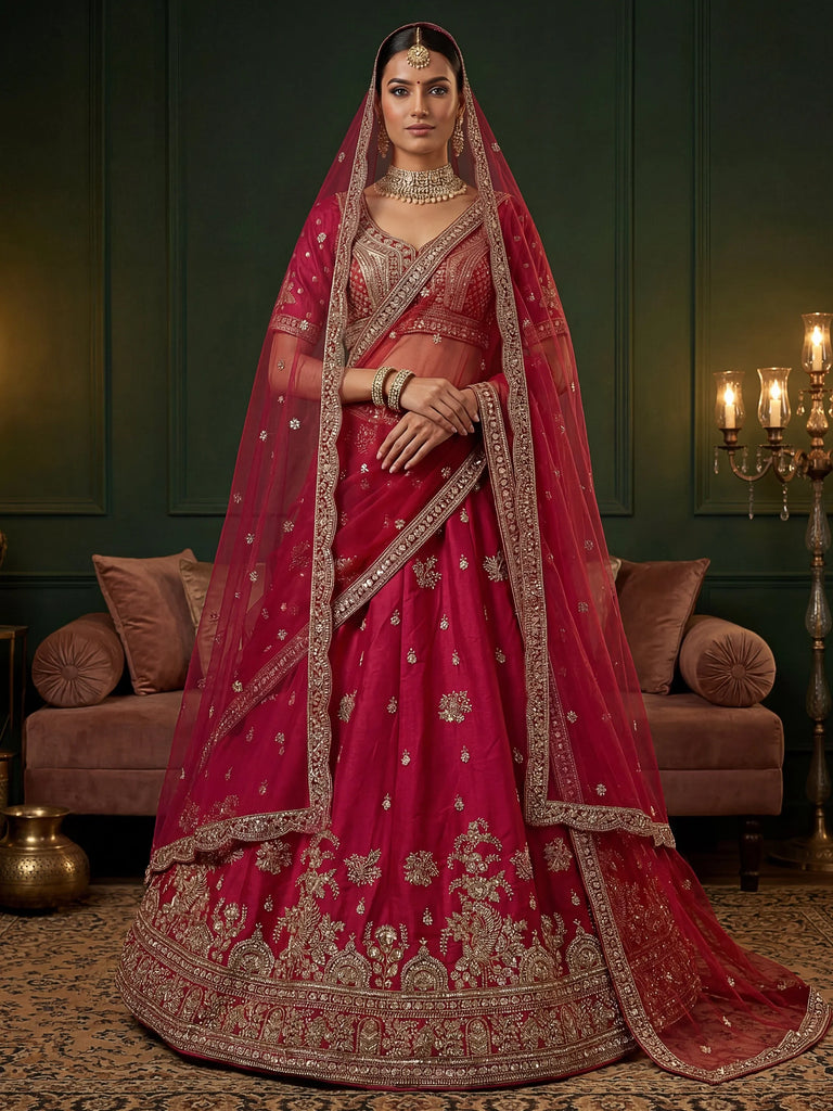 Alluring Rani Pink Zari Embroidered Silk Bridal Lehenga Choli With Double Dupatta