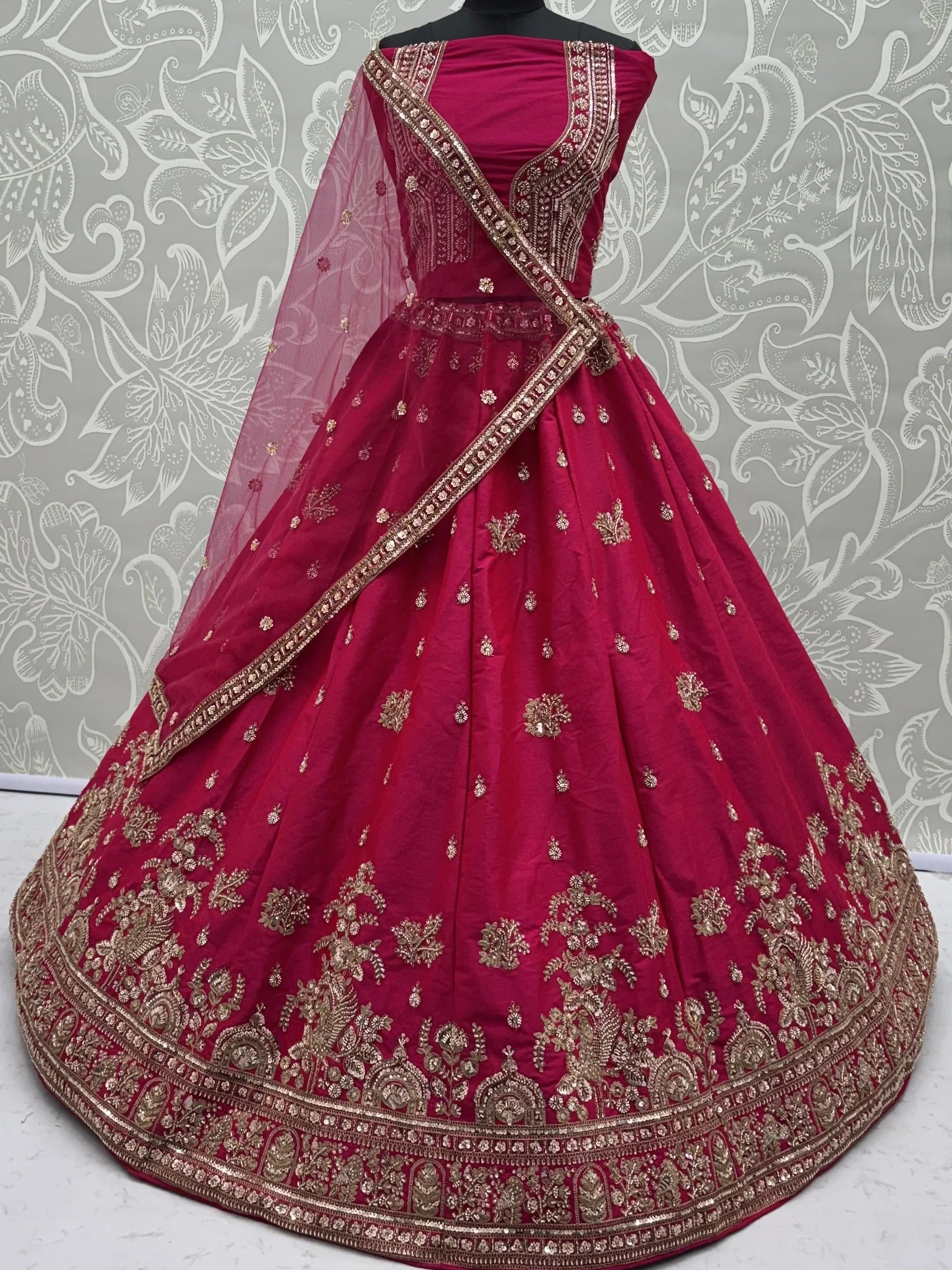 Alluring Rani Pink Zari Embroidered Silk Bridal Lehenga Choli With Double Dupatta