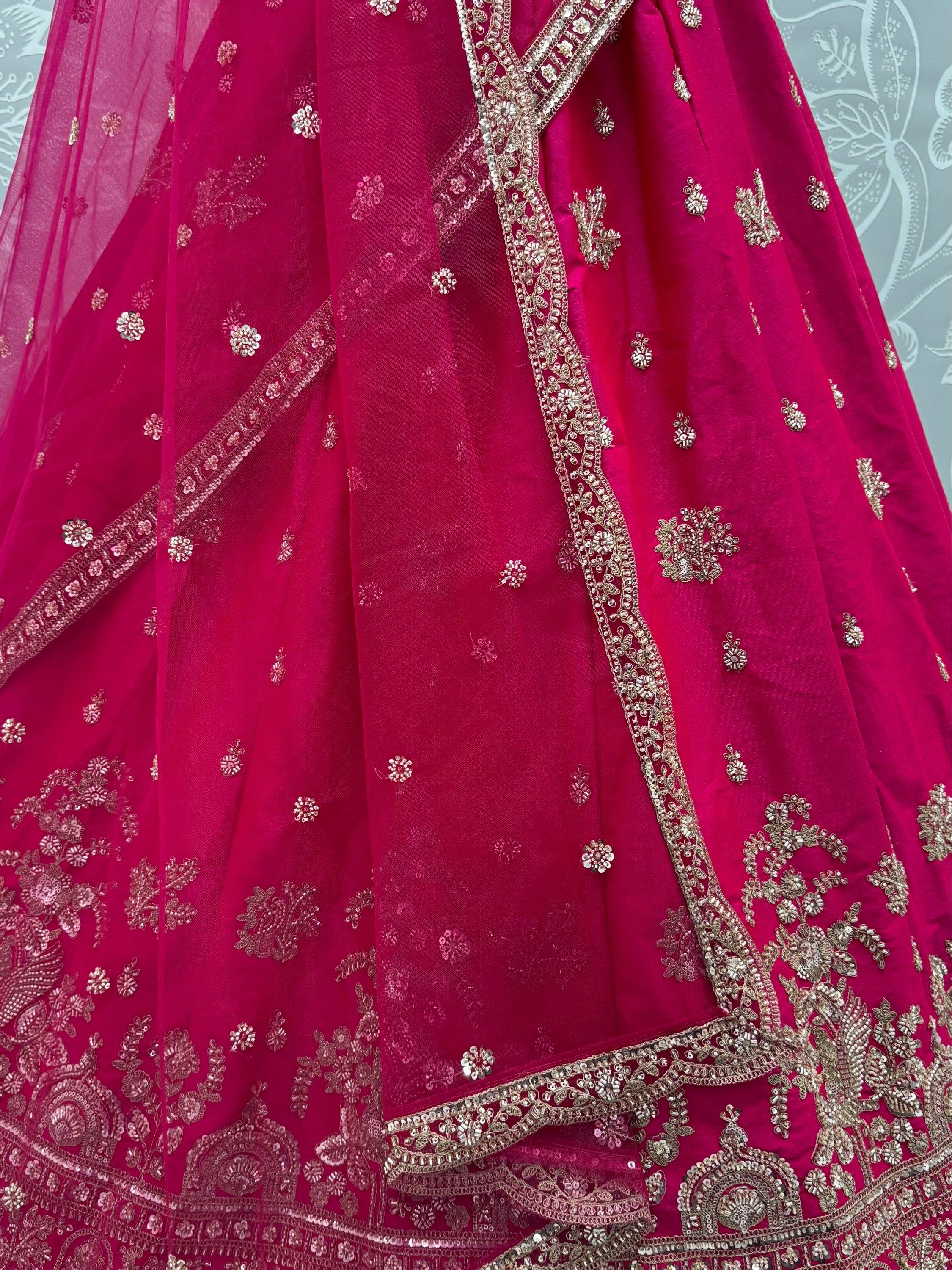 Alluring Rani Pink Zari Embroidered Silk Bridal Lehenga Choli With Double Dupatta