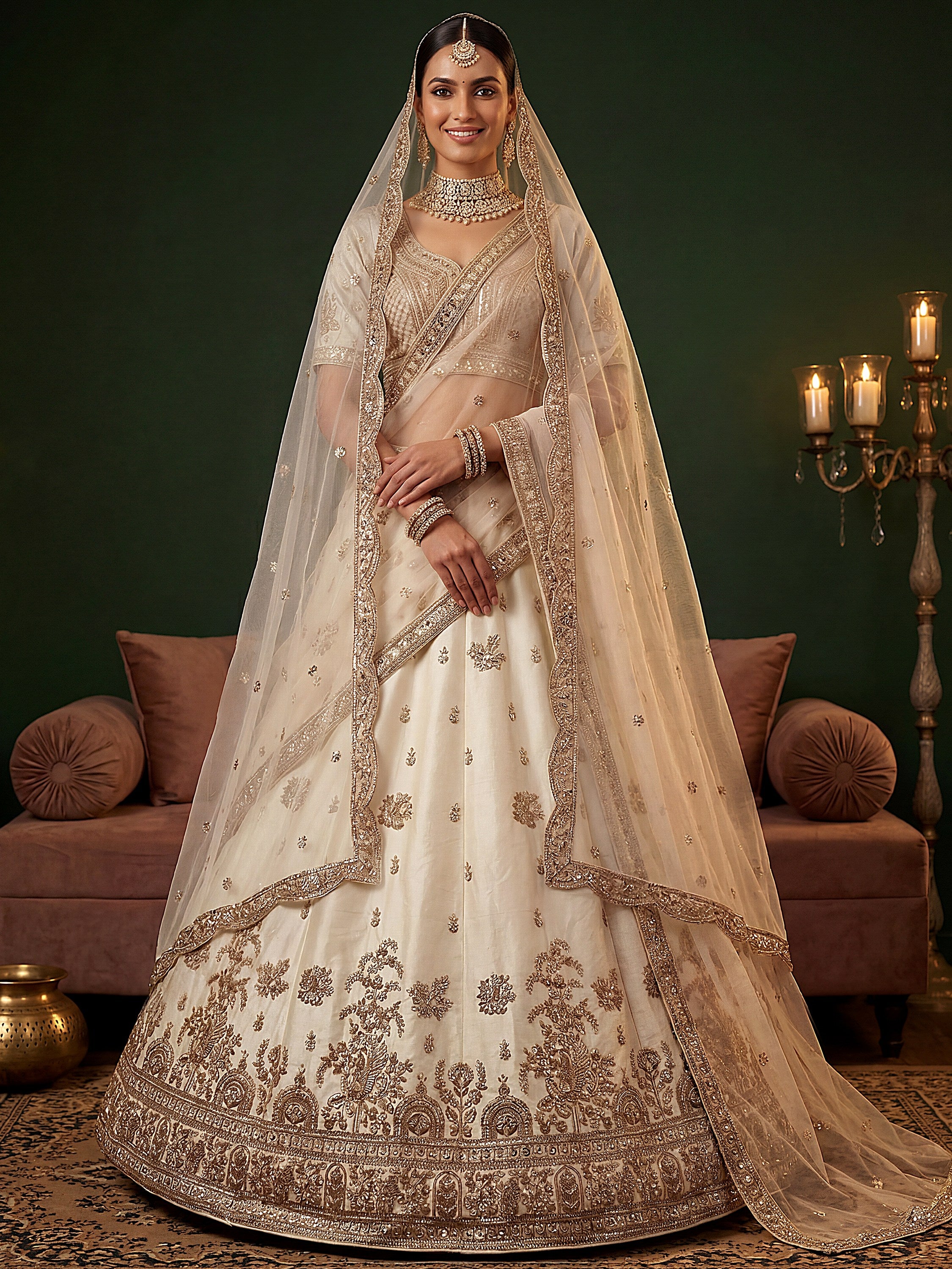 Ravishing Off White Sequins Silk Bridal Lehenga Choli With Double Dupatta