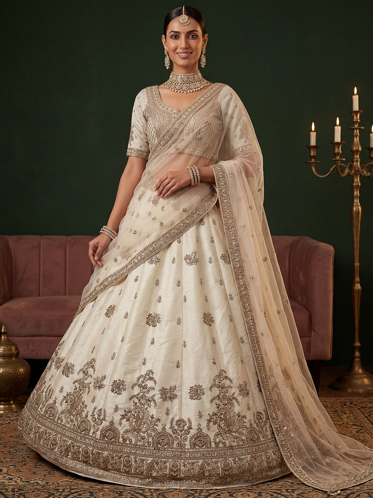 Ravishing Off White Sequins Silk Bridal Lehenga Choli With Double Dupatta