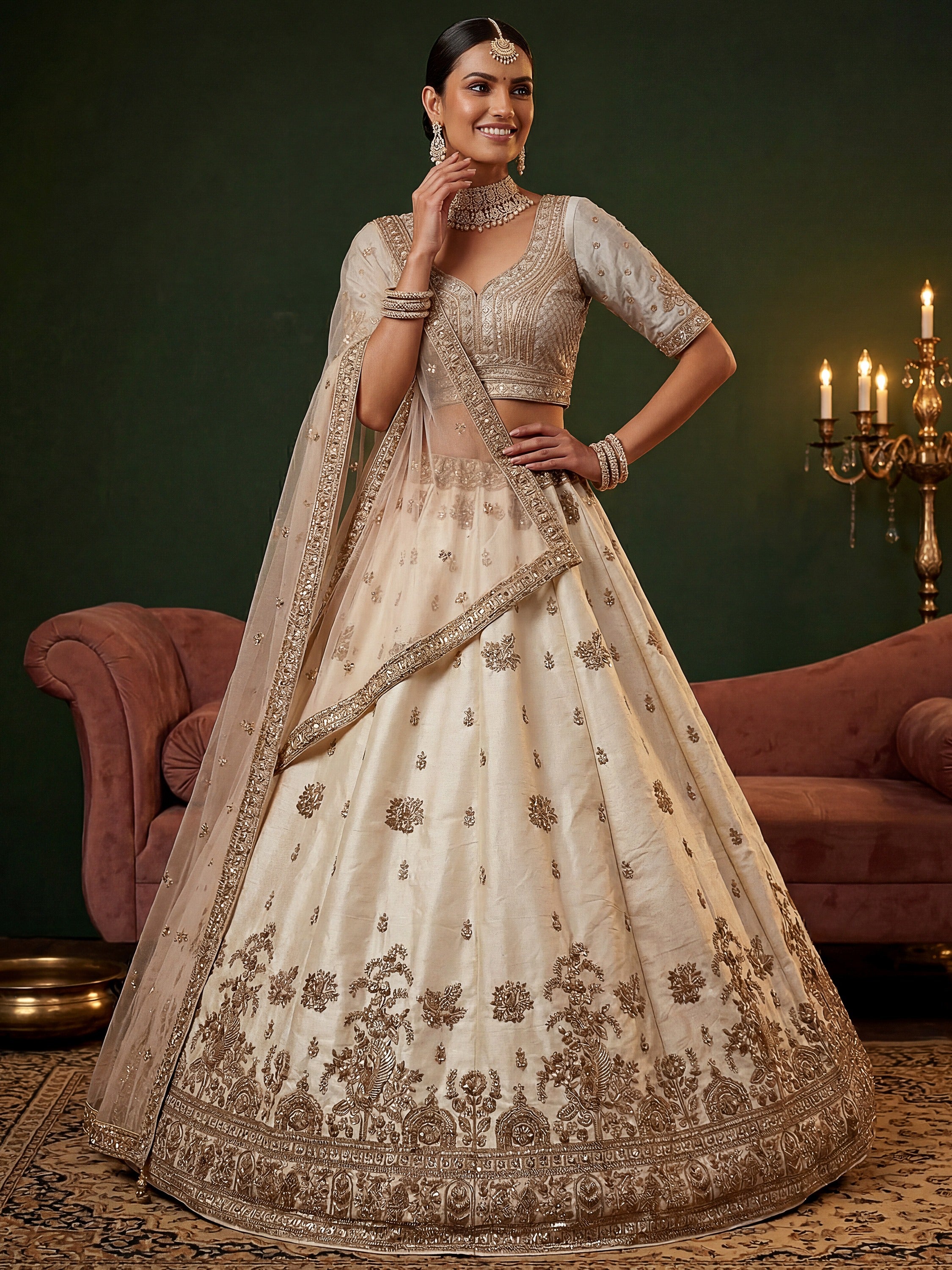 Ravishing Off White Sequins Silk Bridal Lehenga Choli With Double Dupatta