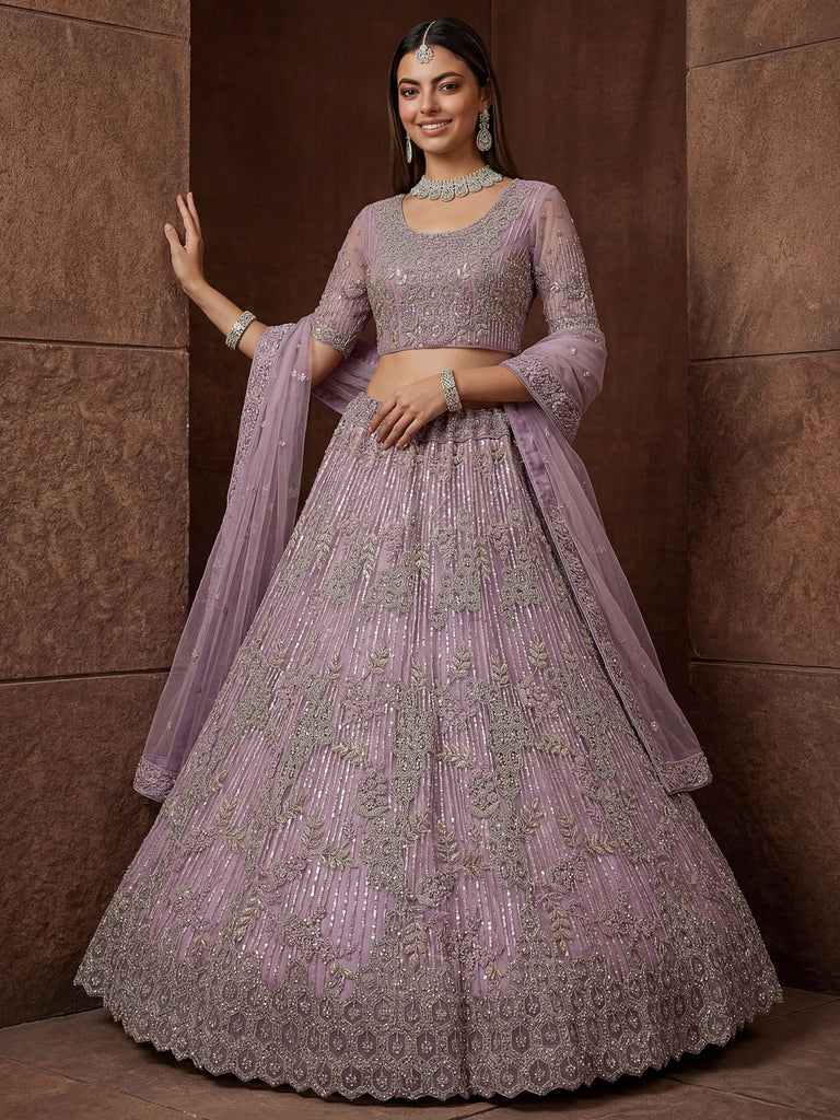 Breathtaking Lavender Zircon Work Net Bridesmaid Lehenga With Blouse