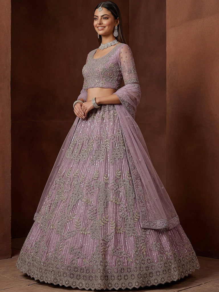 Breathtaking Lavender Zircon Work Net Bridesmaid Lehenga With Blouse